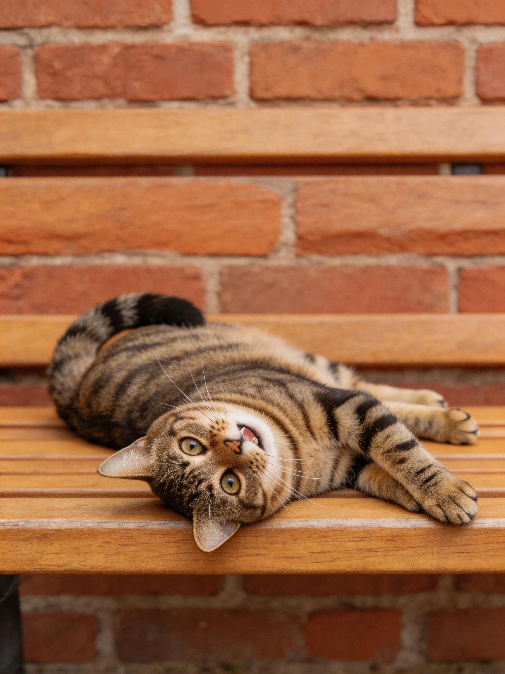 A relaxed tabby cat lounging on a wooden bench against a red brick wall