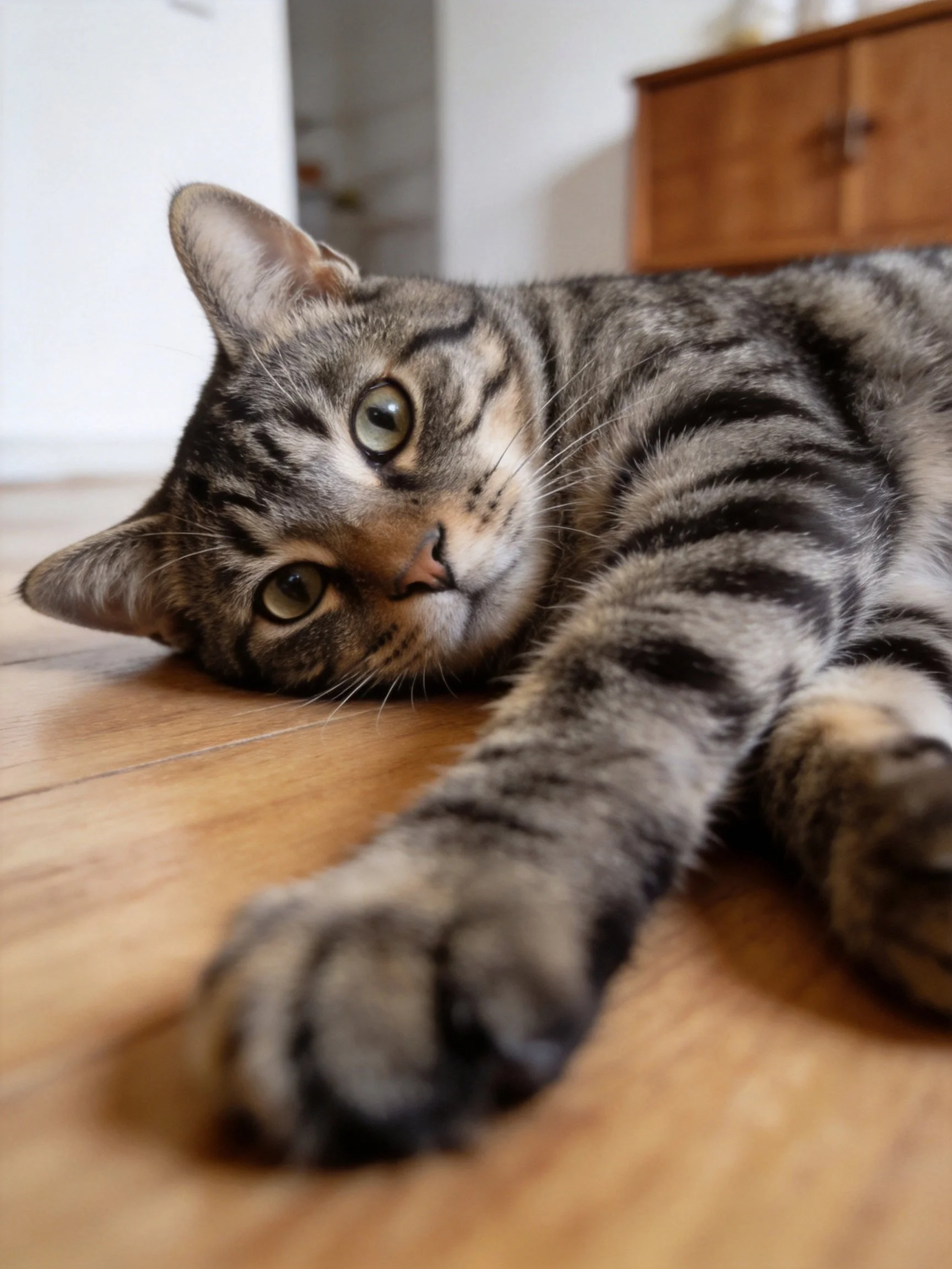 A relaxed tabby cat lounging on a wooden floor near a wooden cabinet