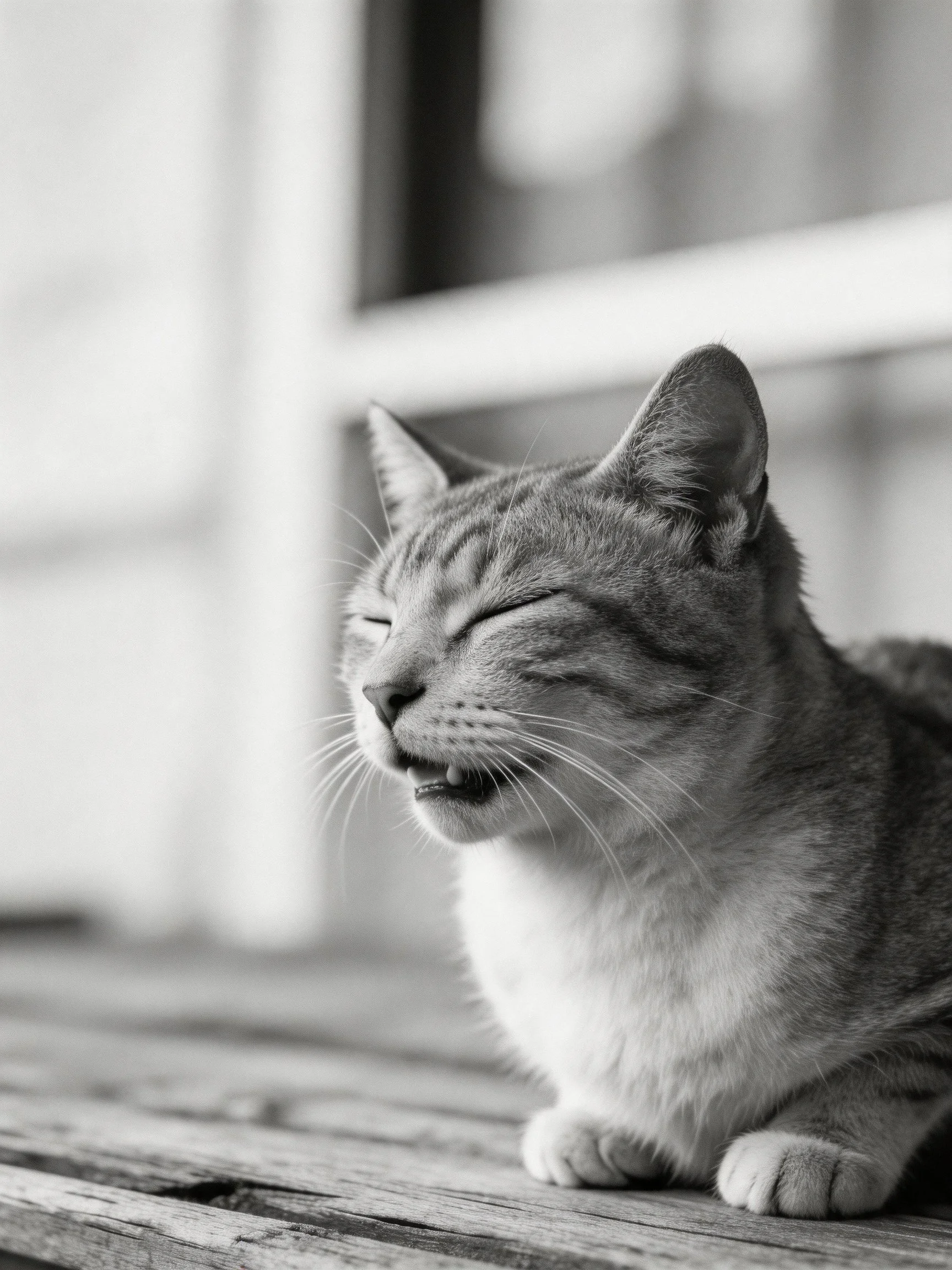 A relaxed tabby cat lounging on aged wooden planks