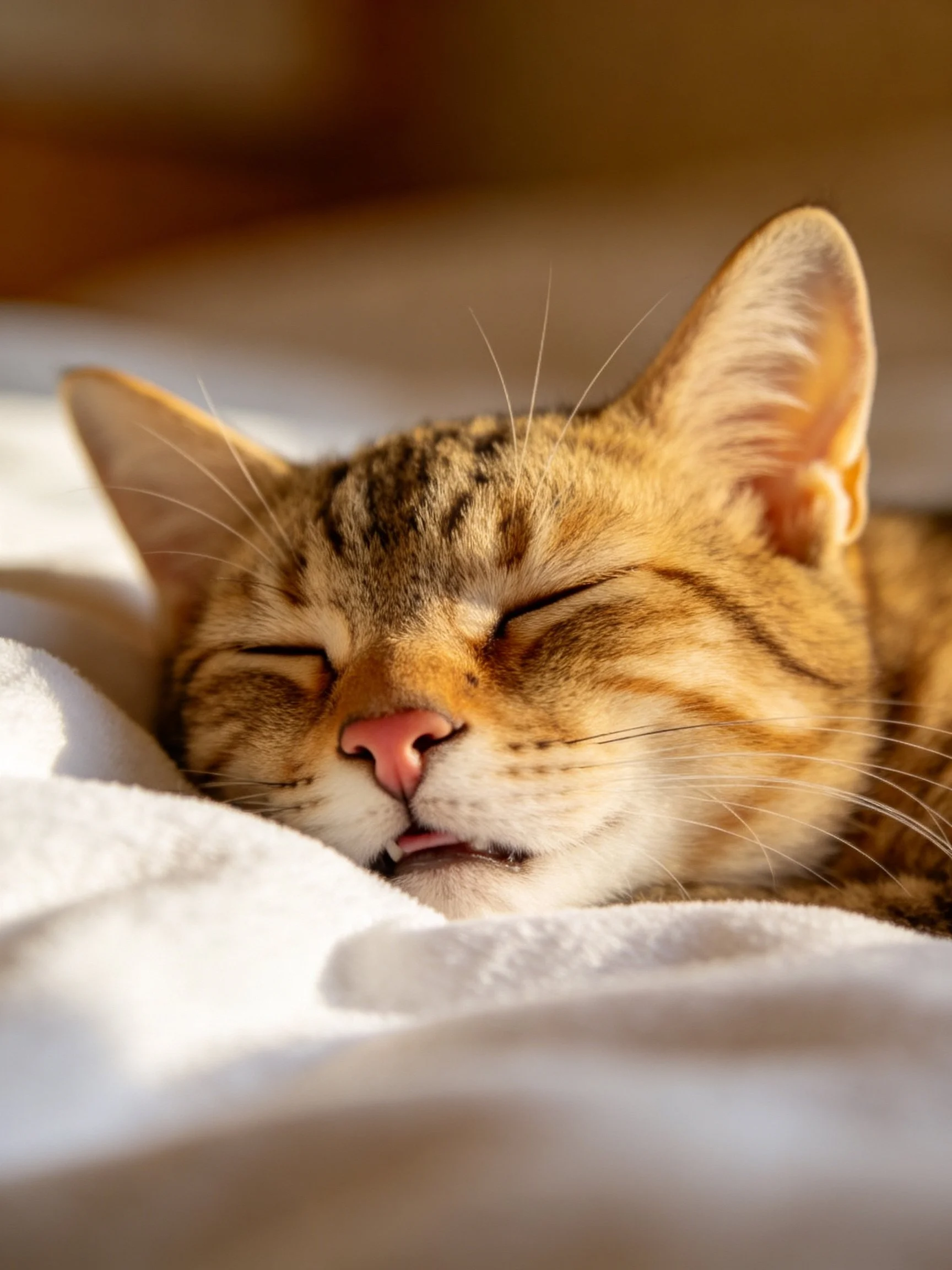 A relaxed tabby cat naps on a soft white cloth