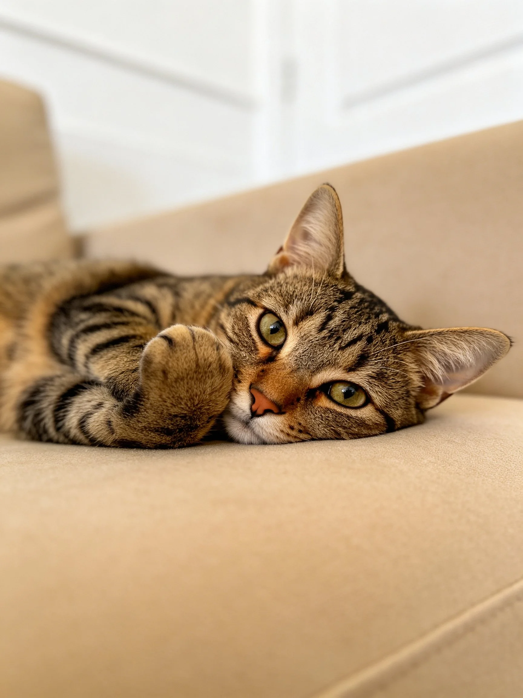 A relaxed tabby cat resting on a beige sofa with striking green eyes