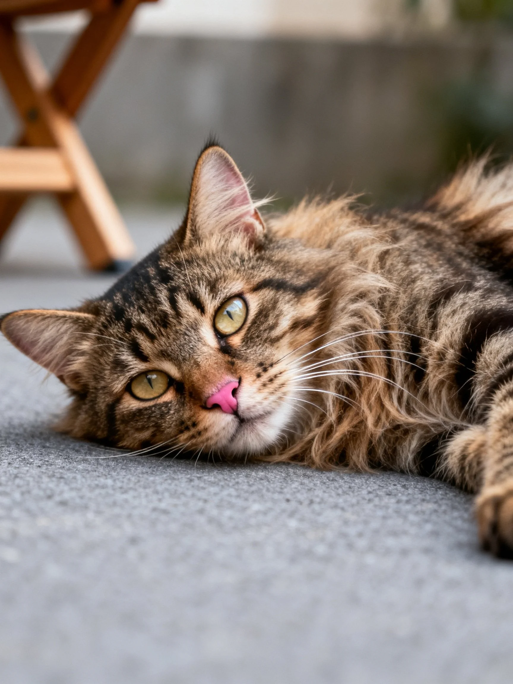 A relaxed tabby cat resting on a gray surface