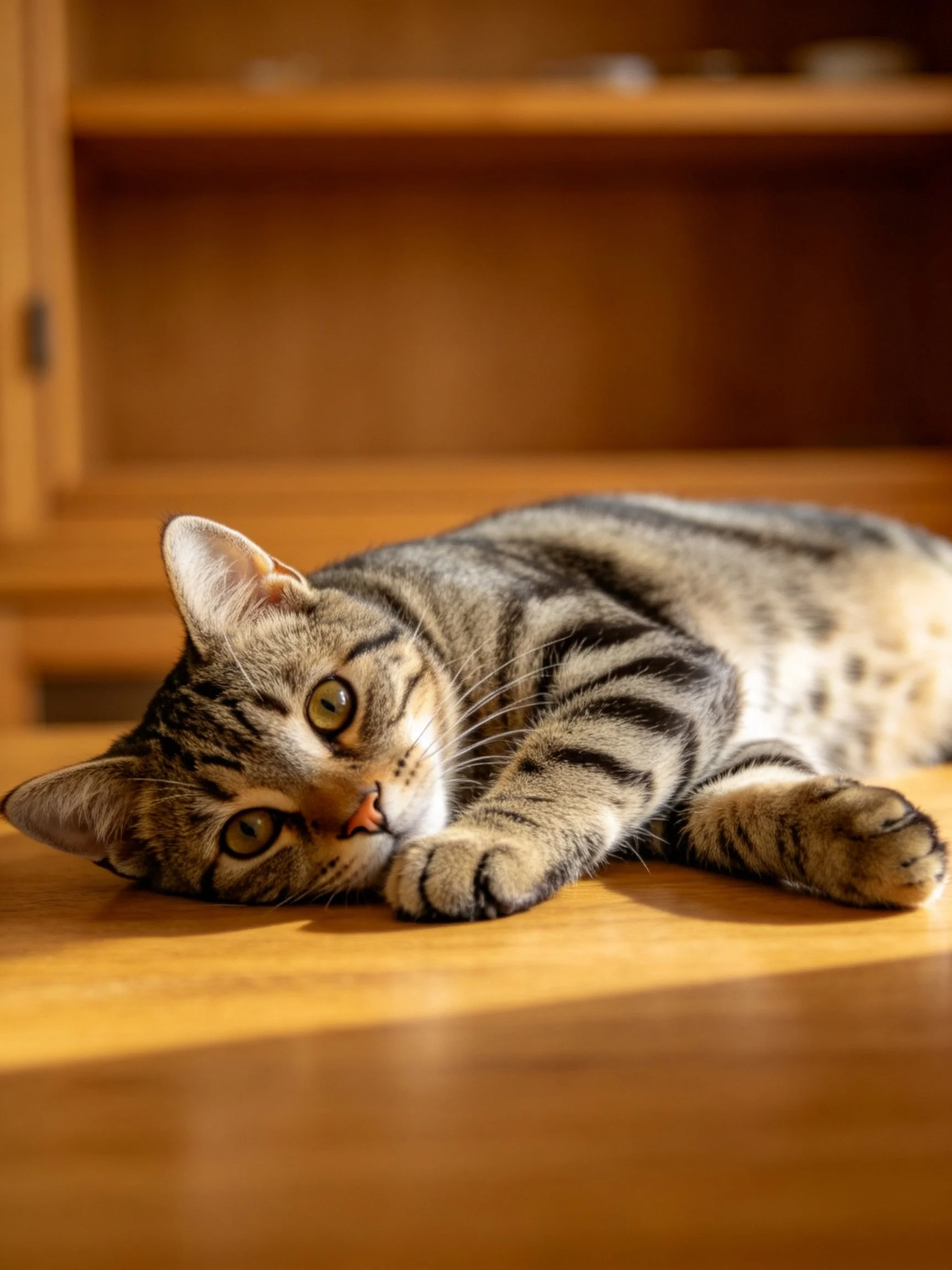 A relaxed tabby cat resting on a polished wooden floor near a wooden cabinet