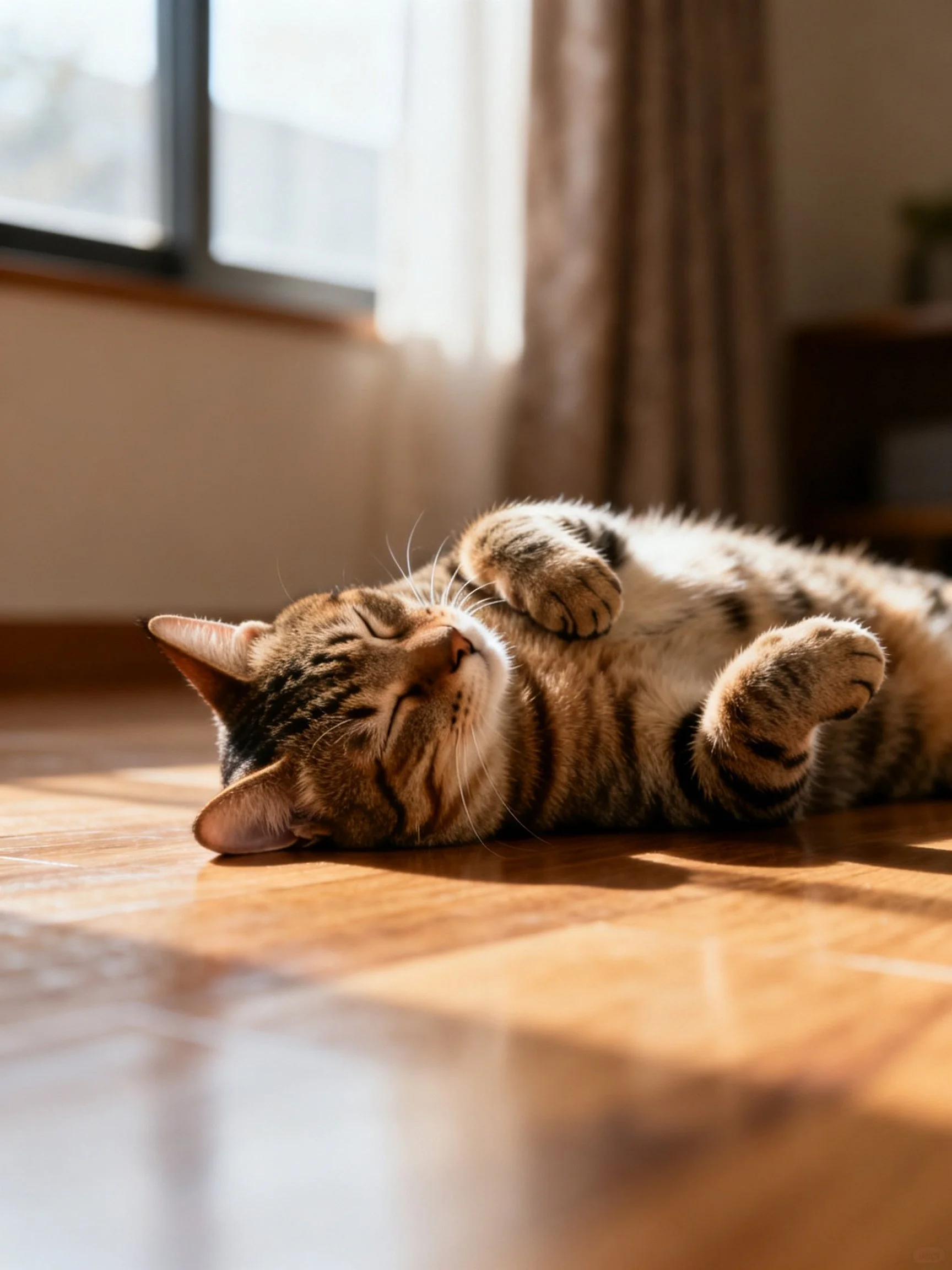 A relaxed tabby cat resting on a sunlit wooden floor