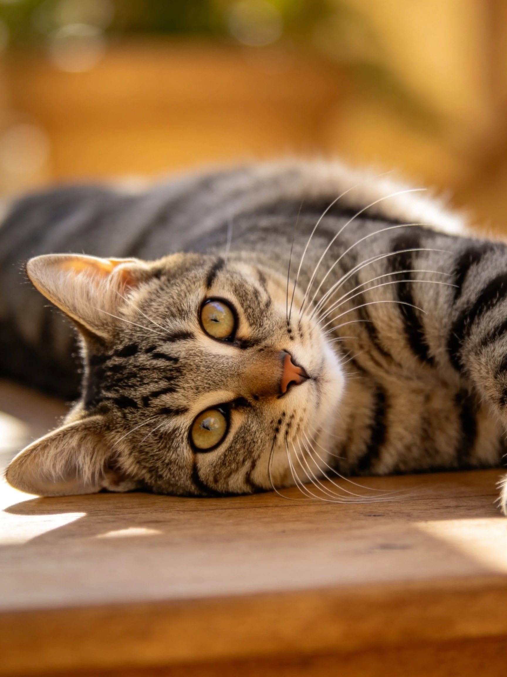 A relaxed tabby cat resting on a wooden surface in warm sunlight