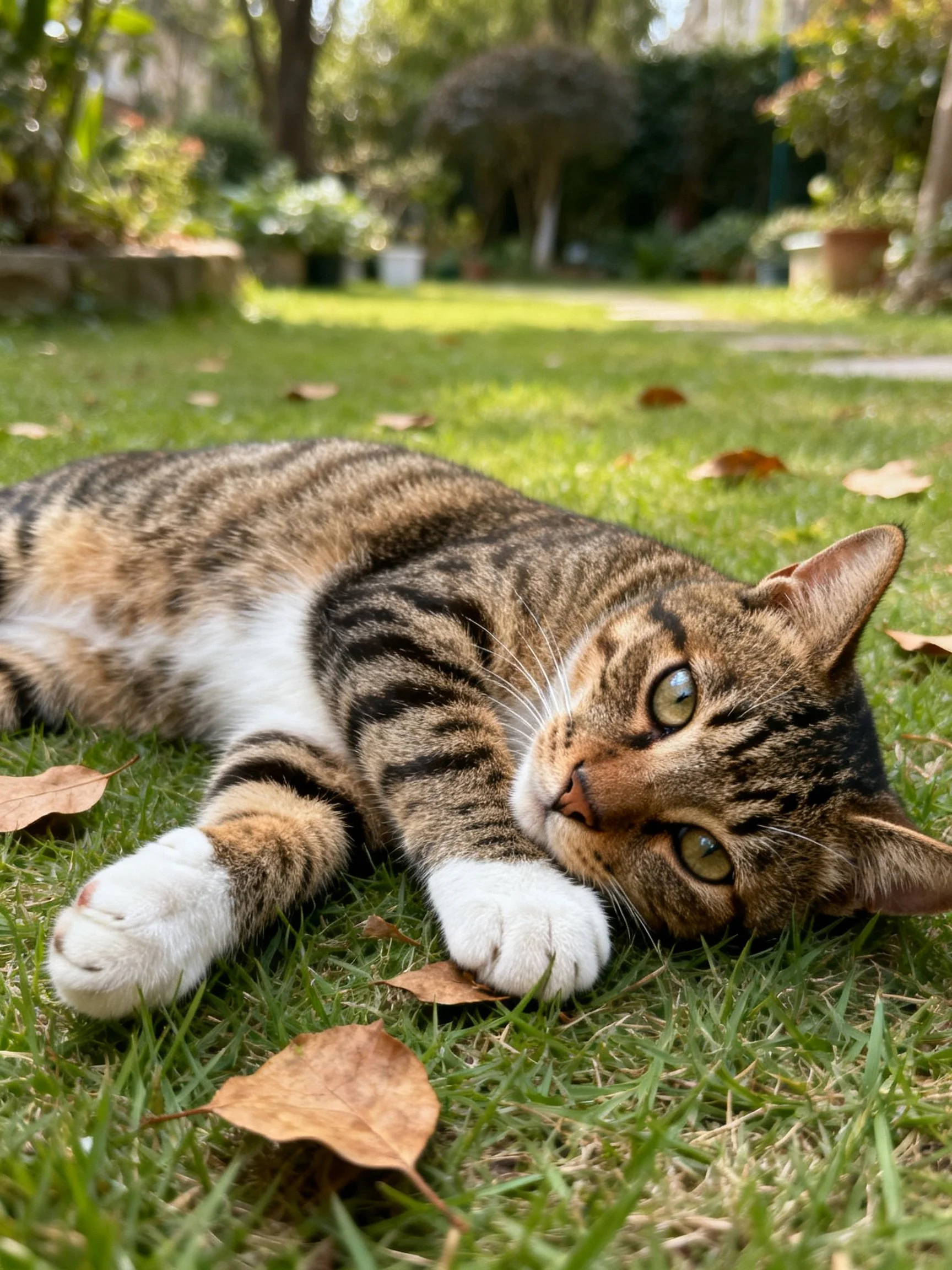 A relaxed tabby cat resting on green grass amid scattered brown leaves