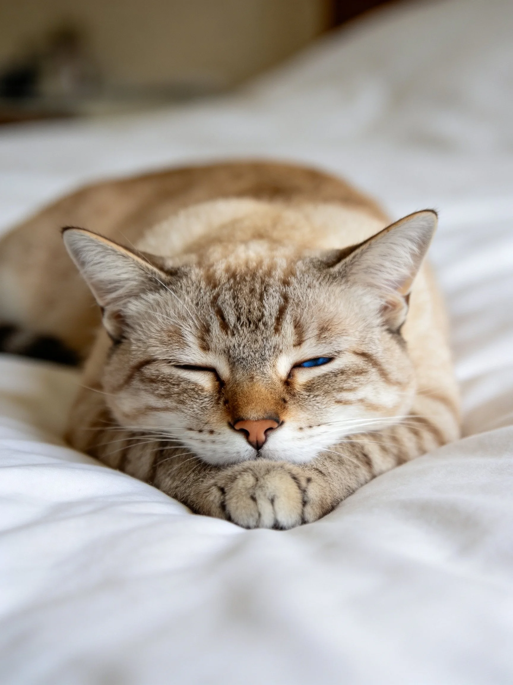 A relaxed tabby cat resting on white bedding