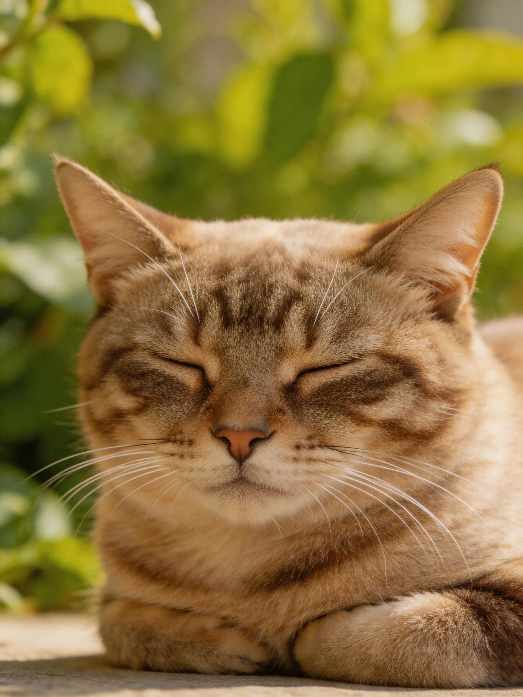 A relaxed tabby cat resting outdoors amid green foliage