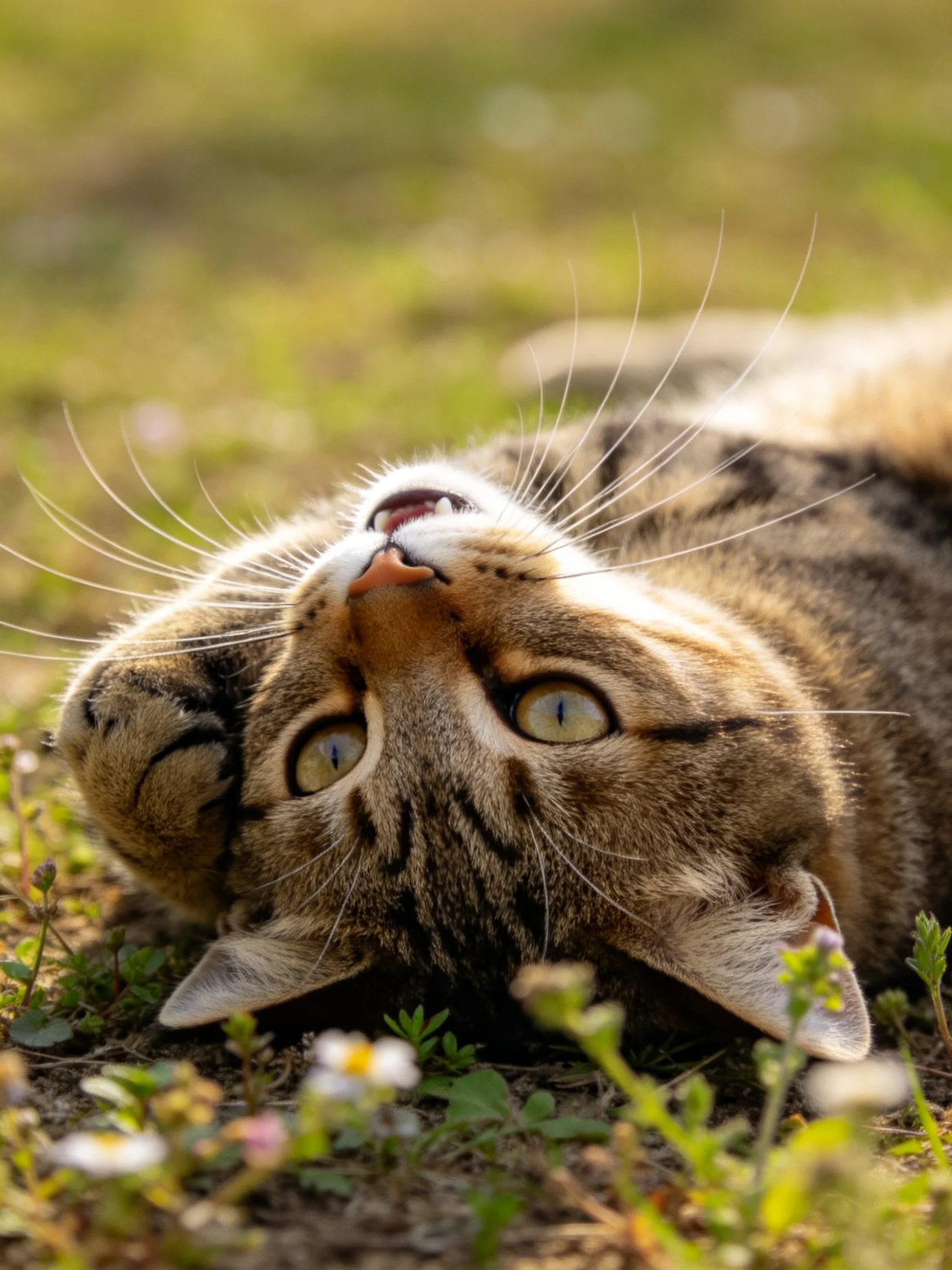 A relaxed tabby cat rests on grass amid wildflowers