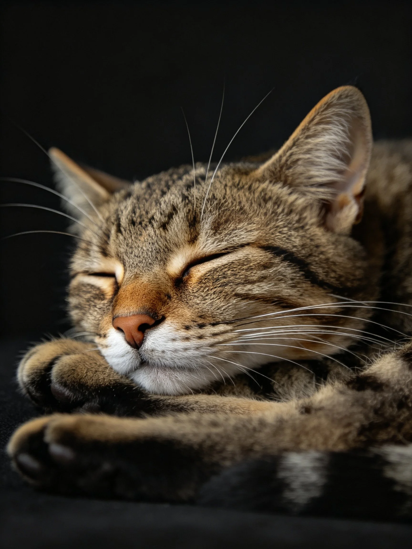 A relaxed tabby cat sleeping peacefully