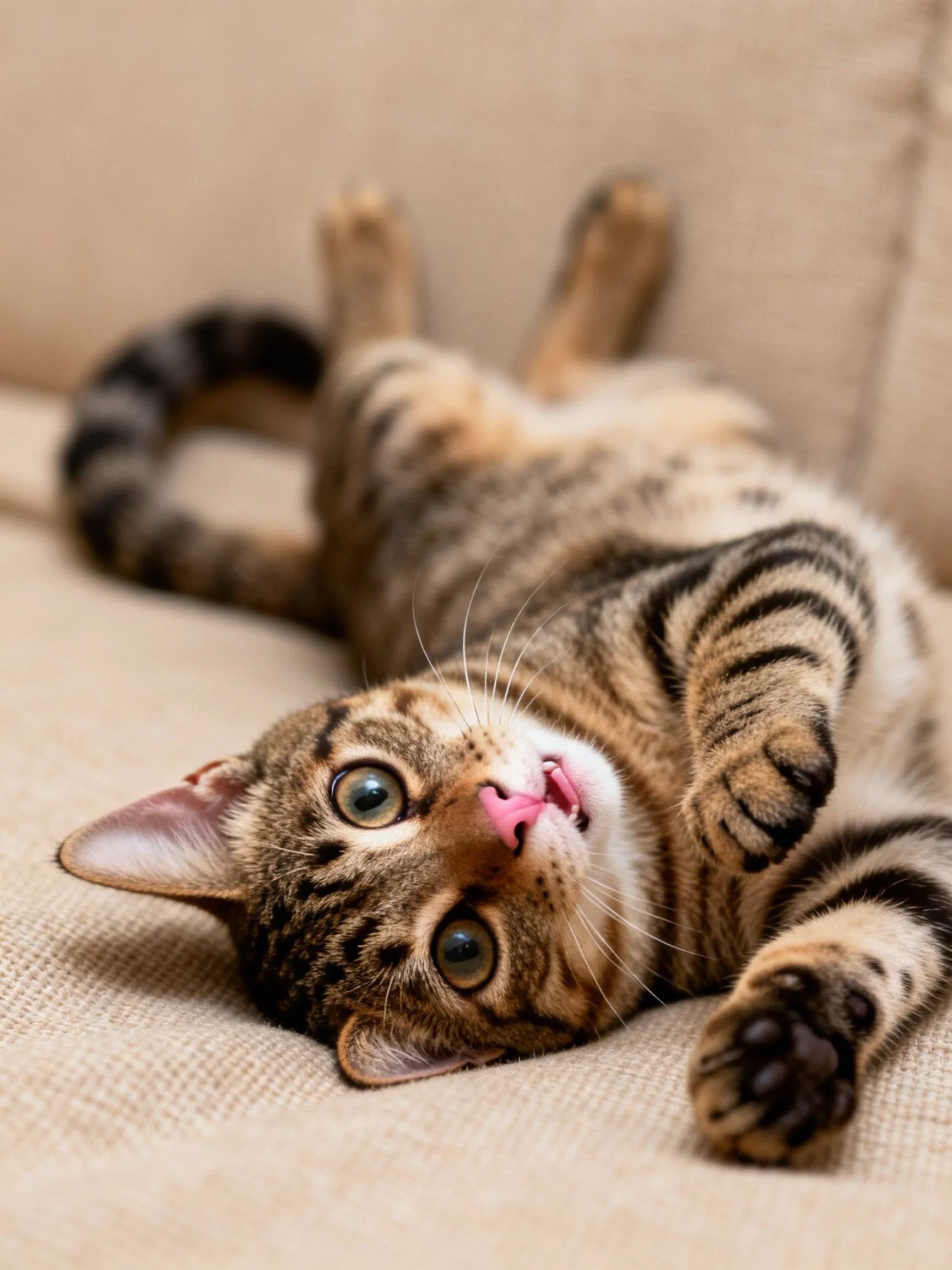 A relaxed tabby cat with brown and black stripes on a beige fabric