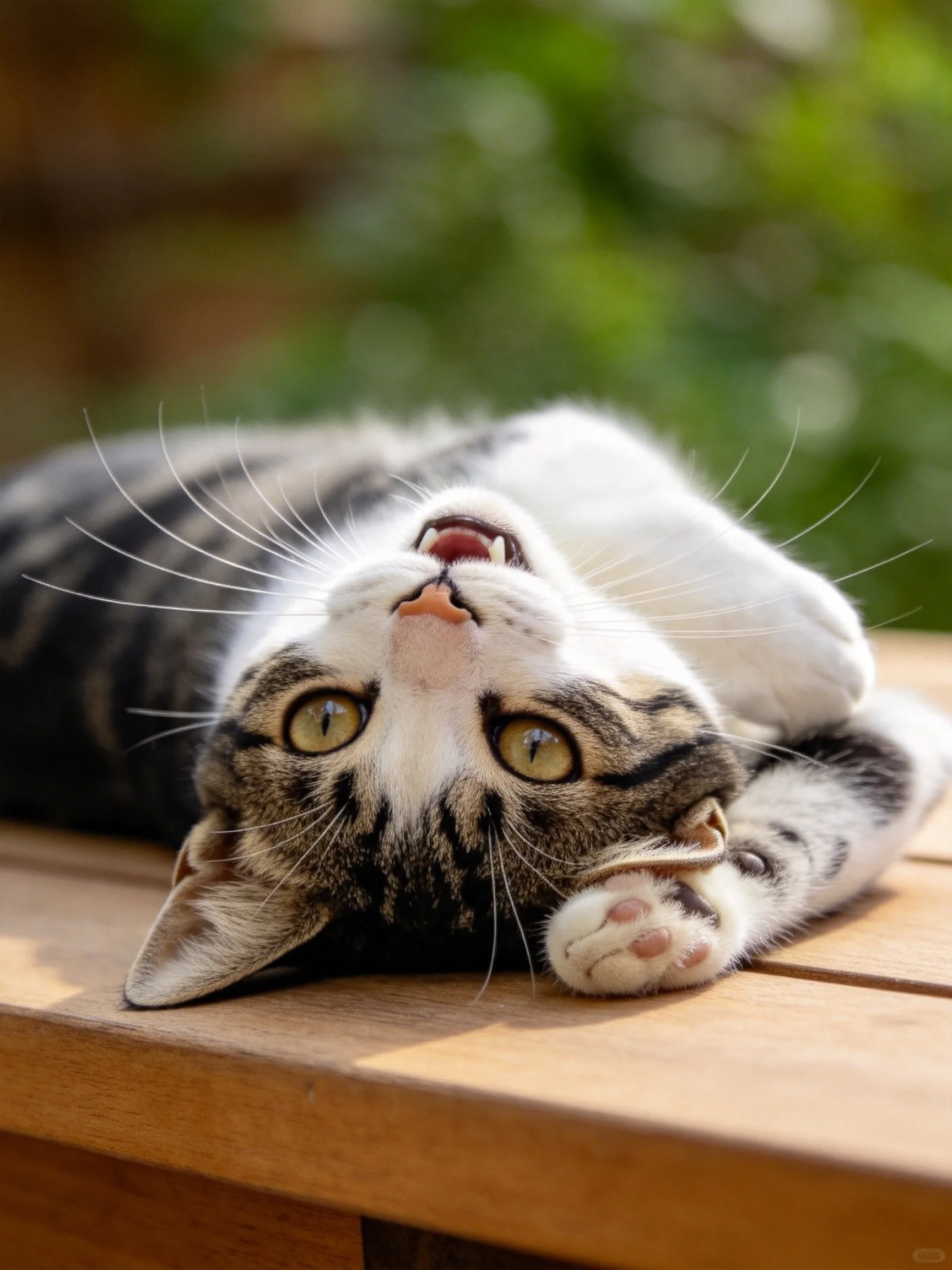 A relaxed tabby kitten lies upside down on a wooden table