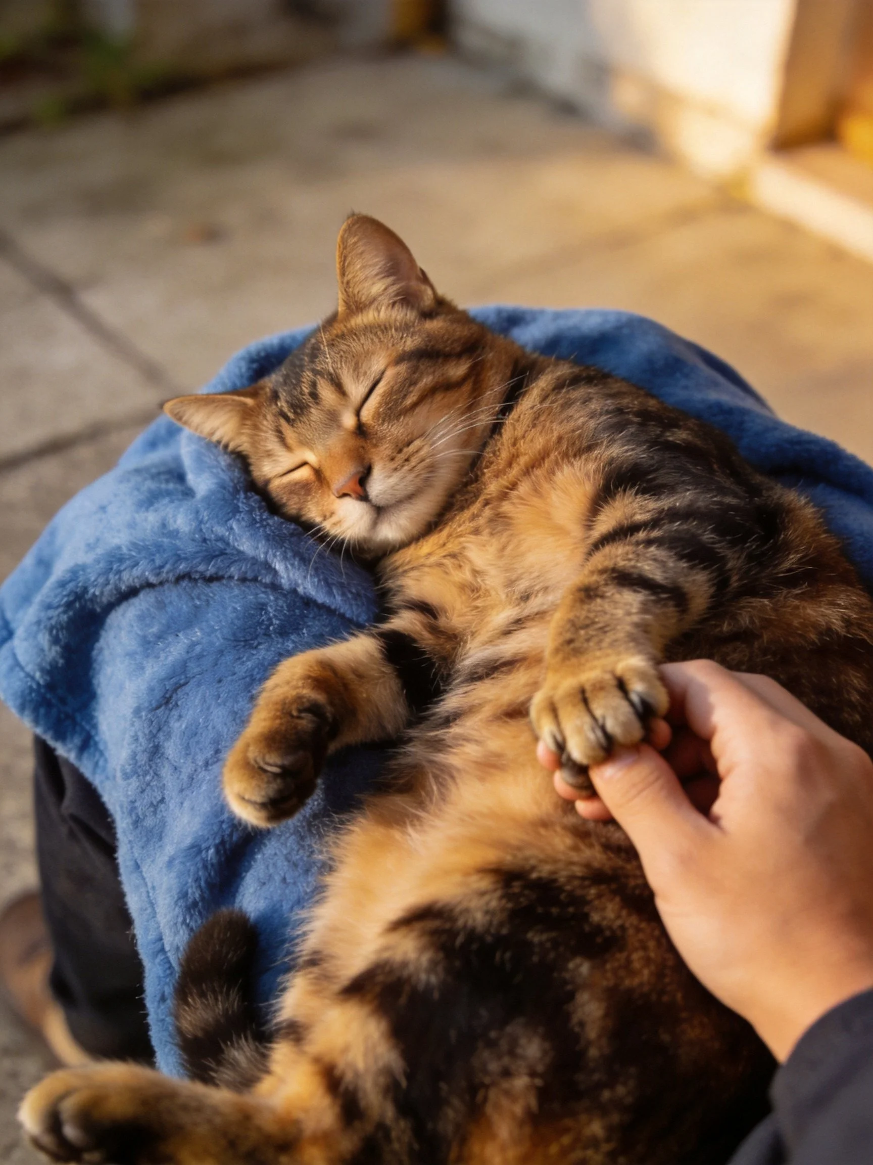 A relaxedtabby cat sleeps on a blue blanket, with a hand petting its paw.
