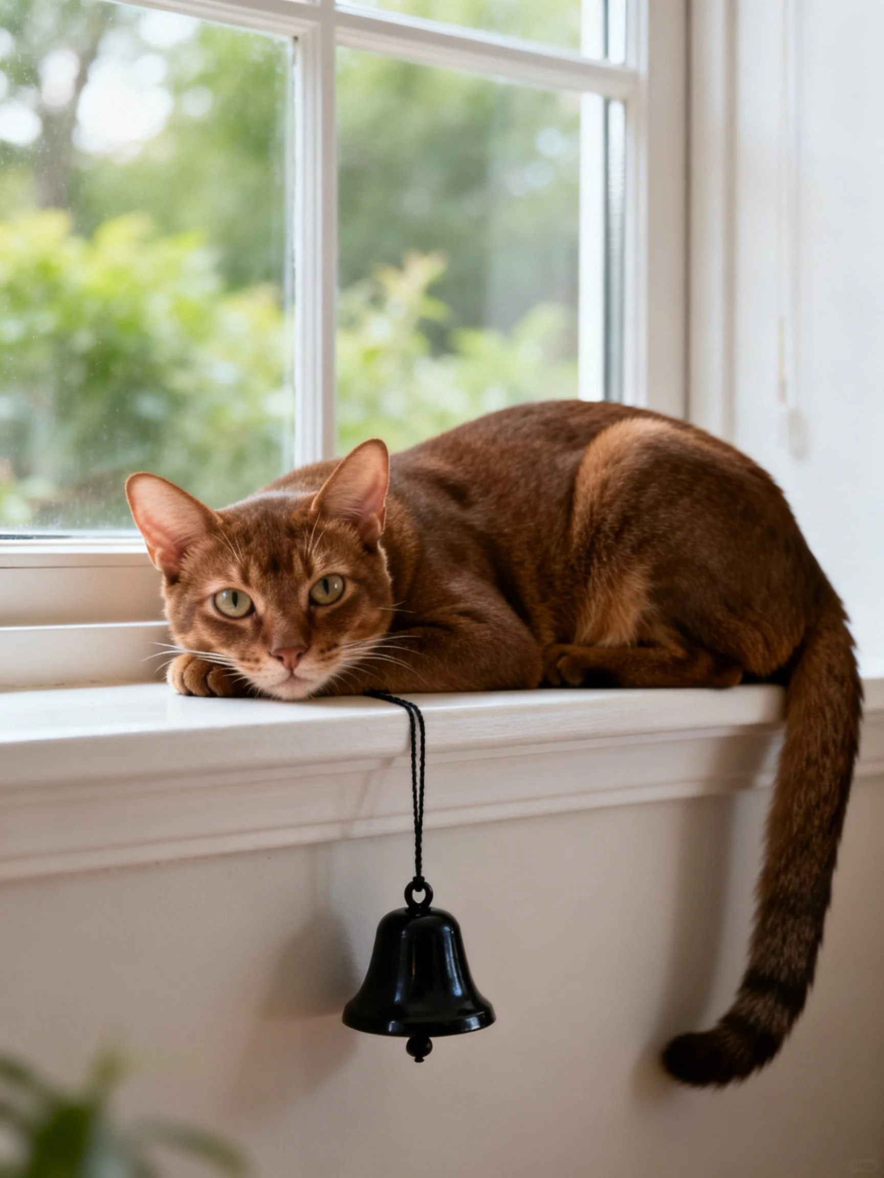 A rich brown cat lounges on a white windowsill beside a black bell