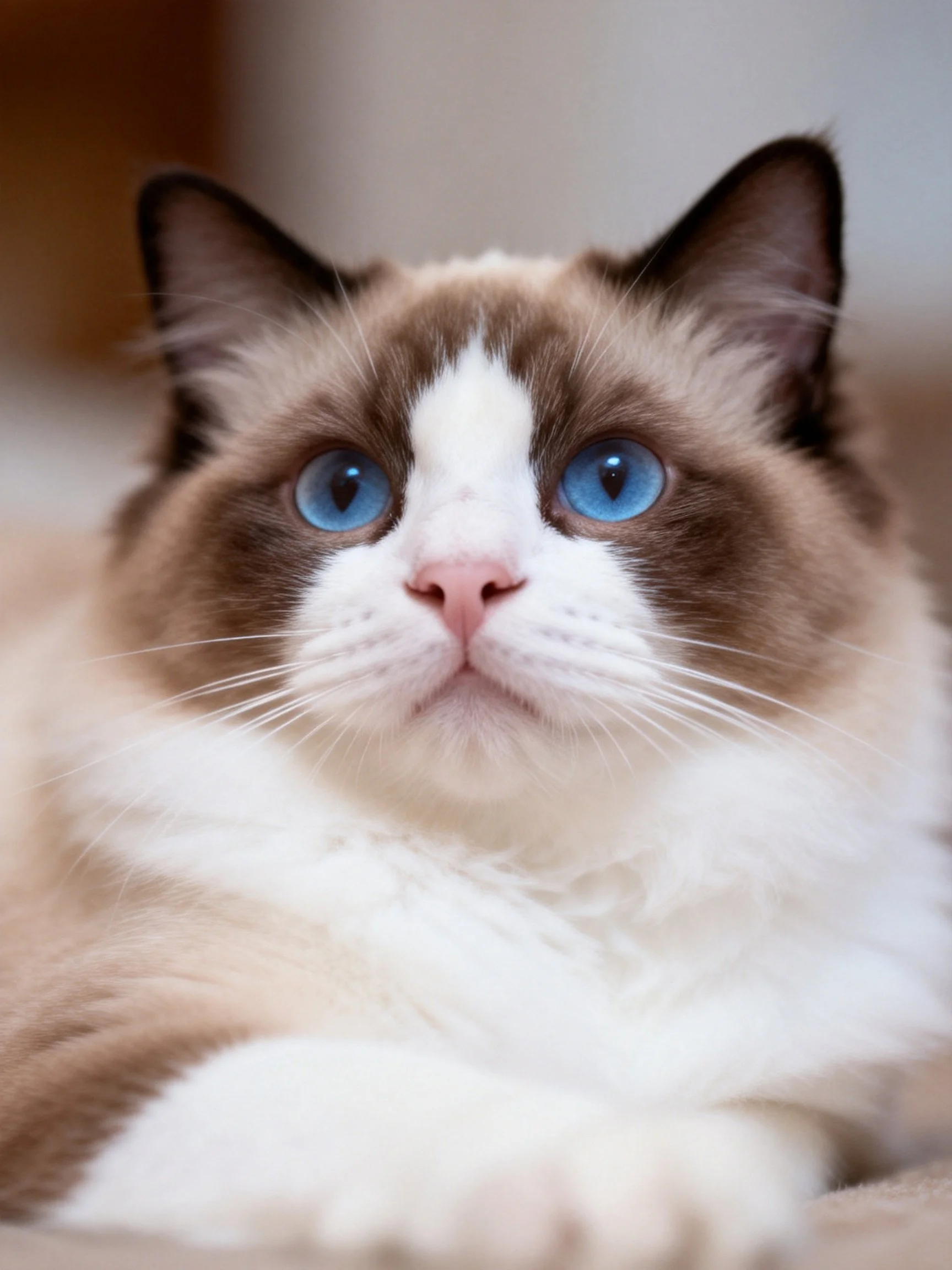 A serene Ragdoll cat with bright blue eyes and brown-white fur
