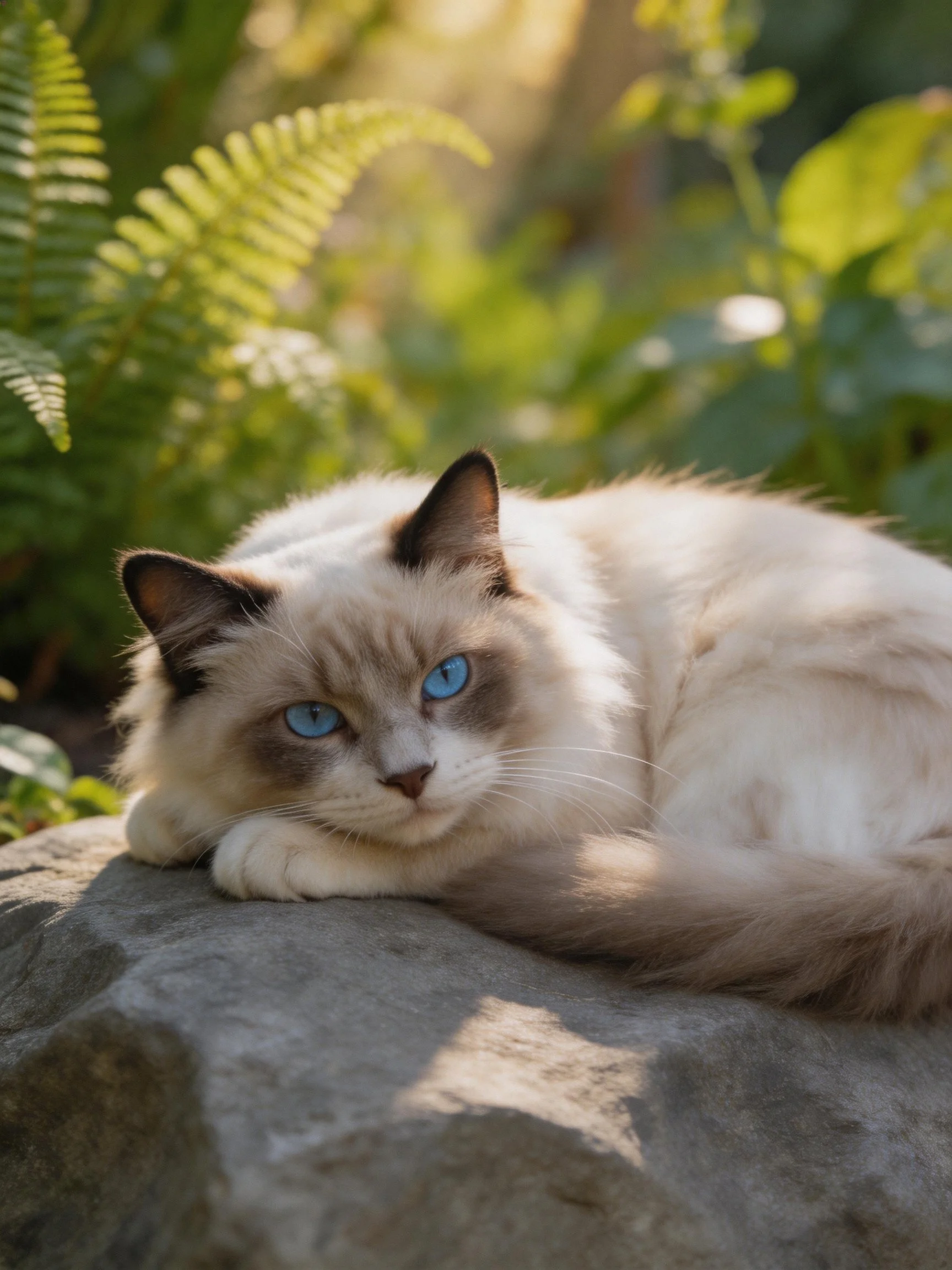 A serene Siamese cat resting on a rock amid lush greenery