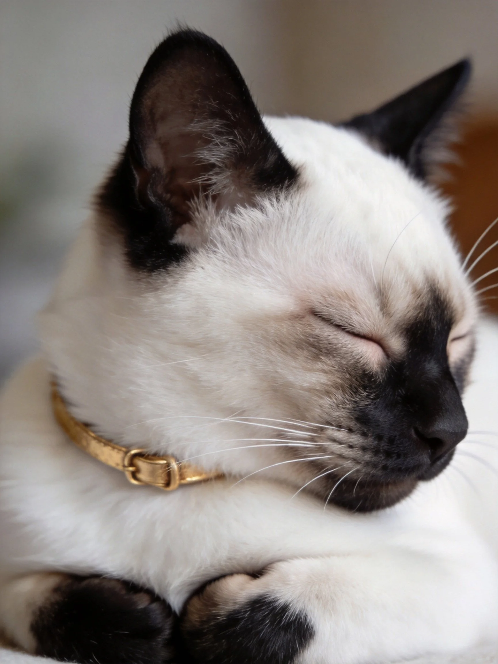 A serene Siamese cat resting with closed eyes and golden collar