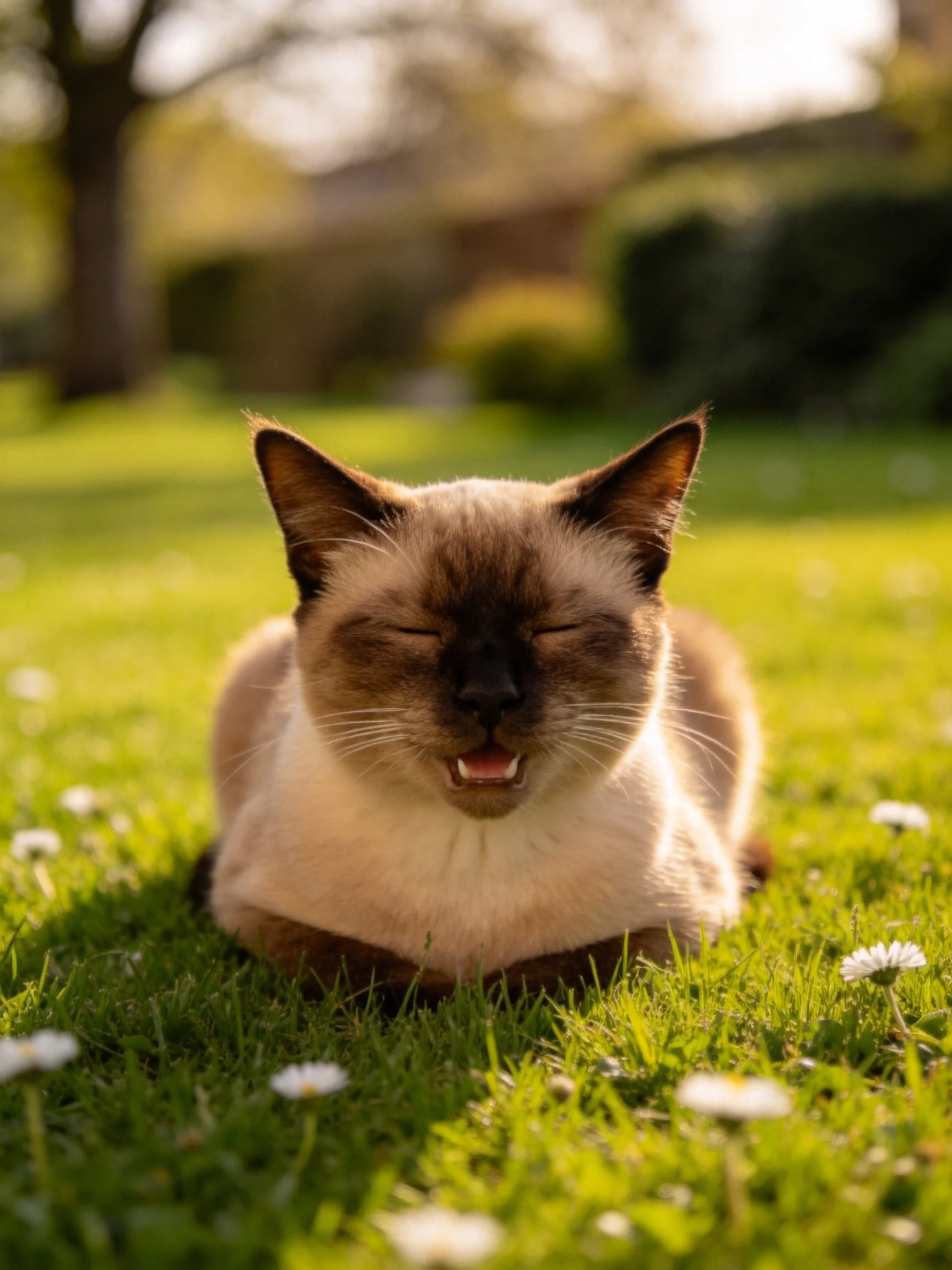 A serene Siamese cat rests on sunlit green grass amid white flowers