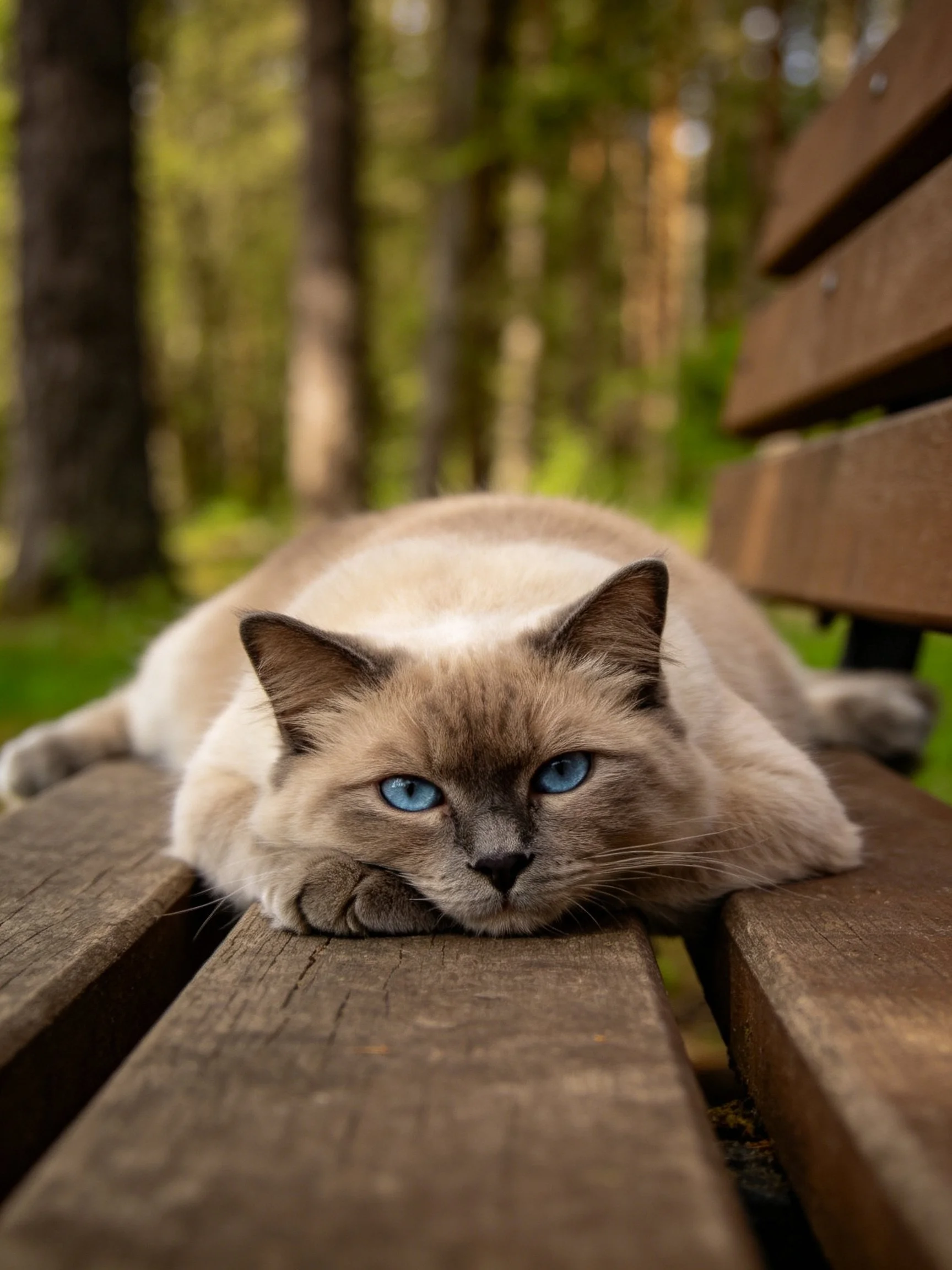 A Siamese cat with blue eyes relaxes on a wooden bench amid trees.