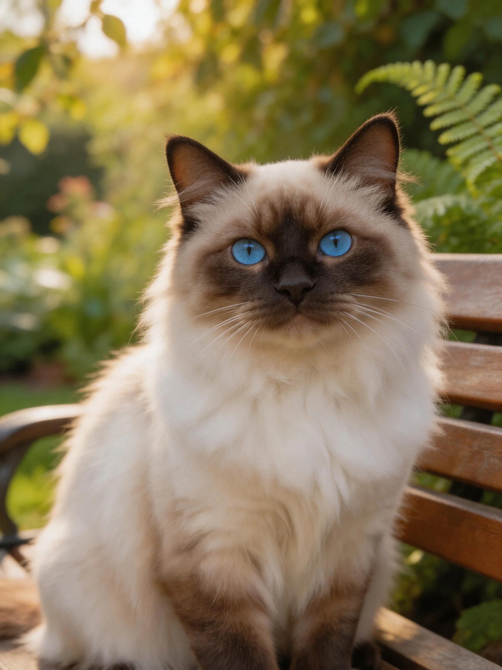 A Siamese cat with vivid blue eyes rests on a wooden bench in a sunlit garden