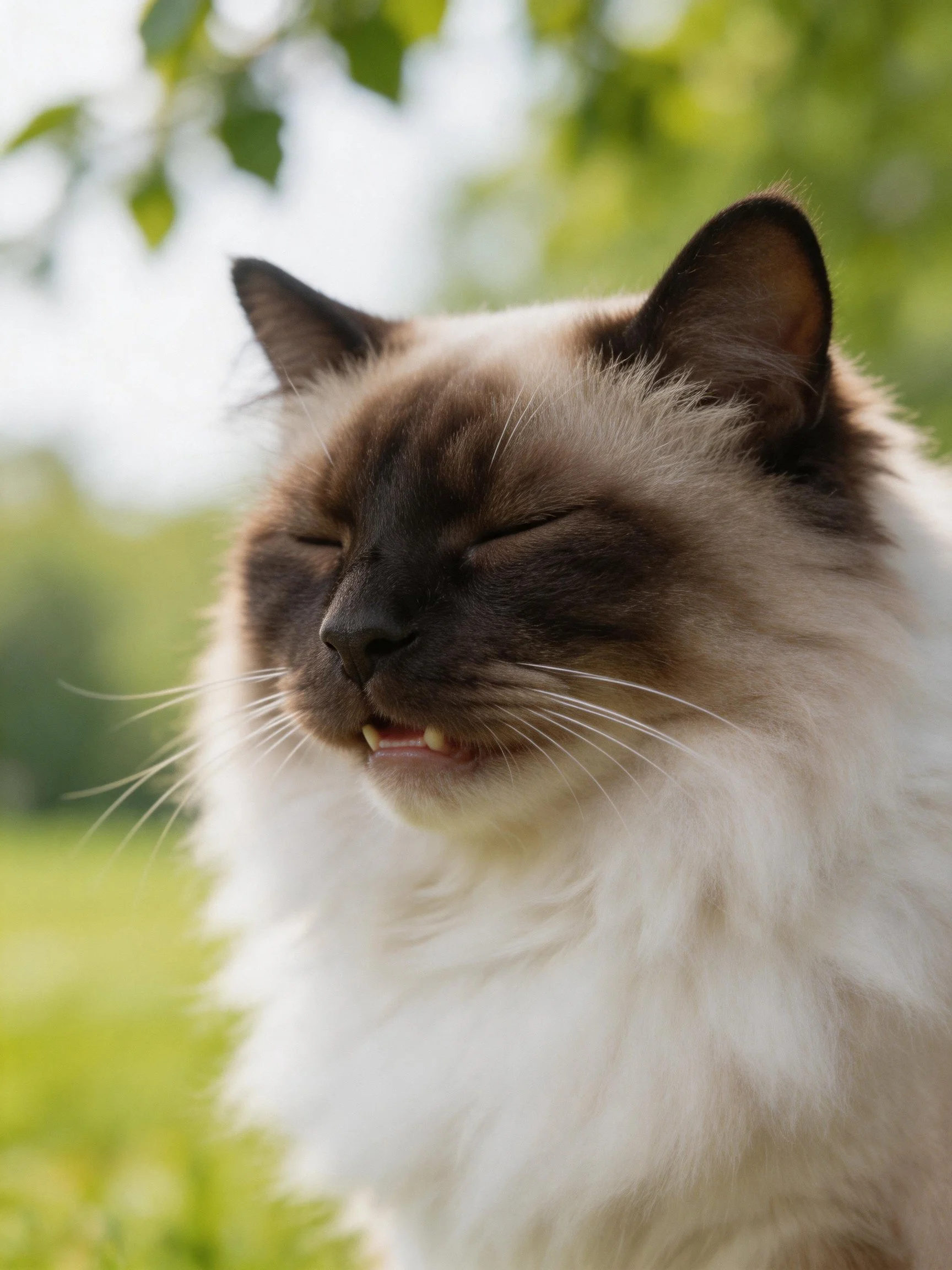 A serene Siamese cat relaxes with closed eyes in an outdoor setting