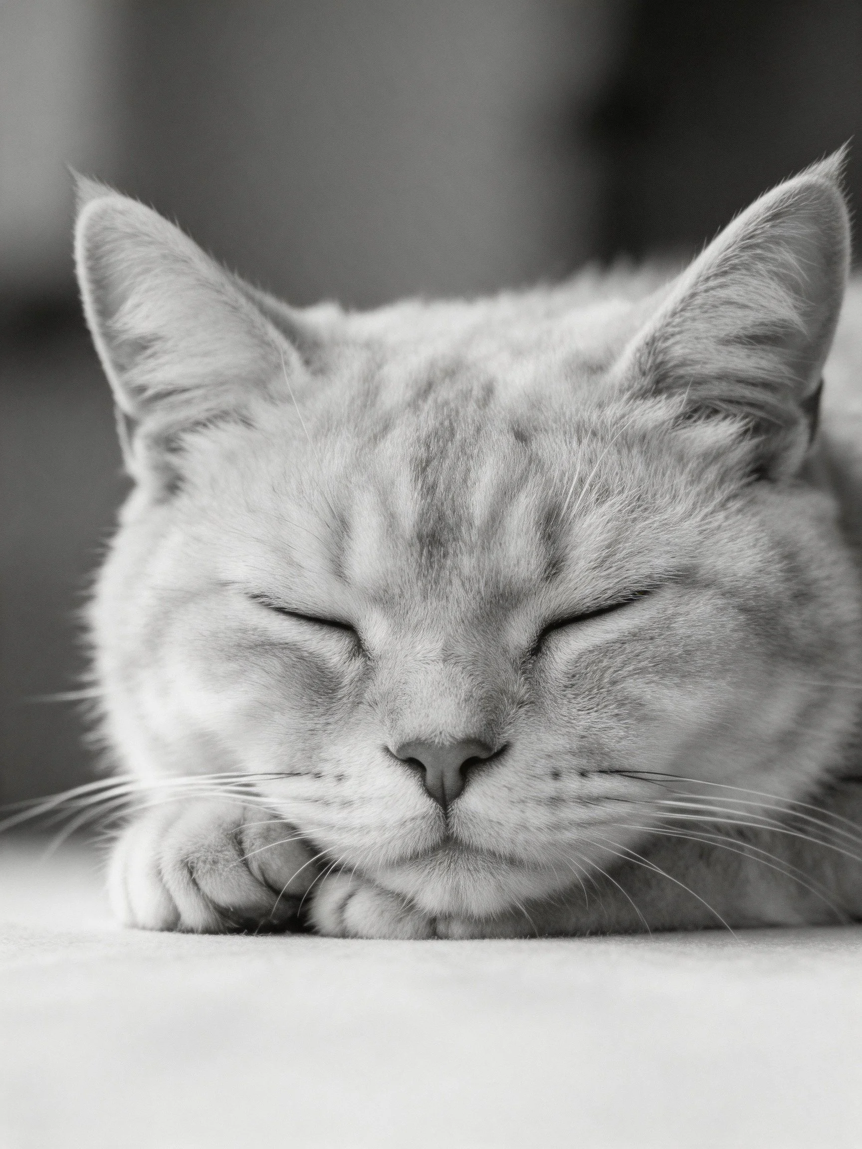 A black-and-white photographcaptures a tabby cat peacefully sleeping.
