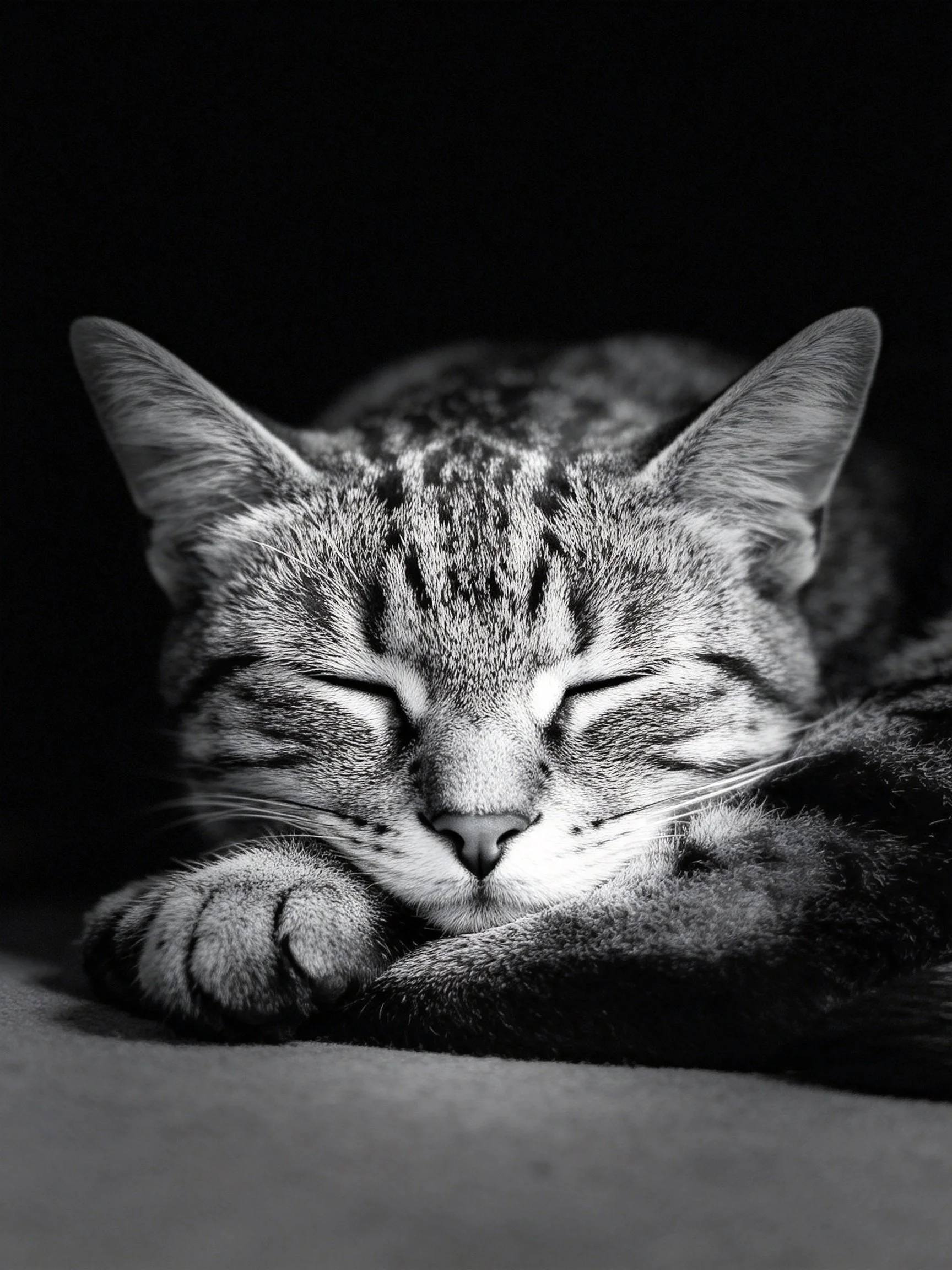 A serene black - and - white portrait of a sleeping tabby cat