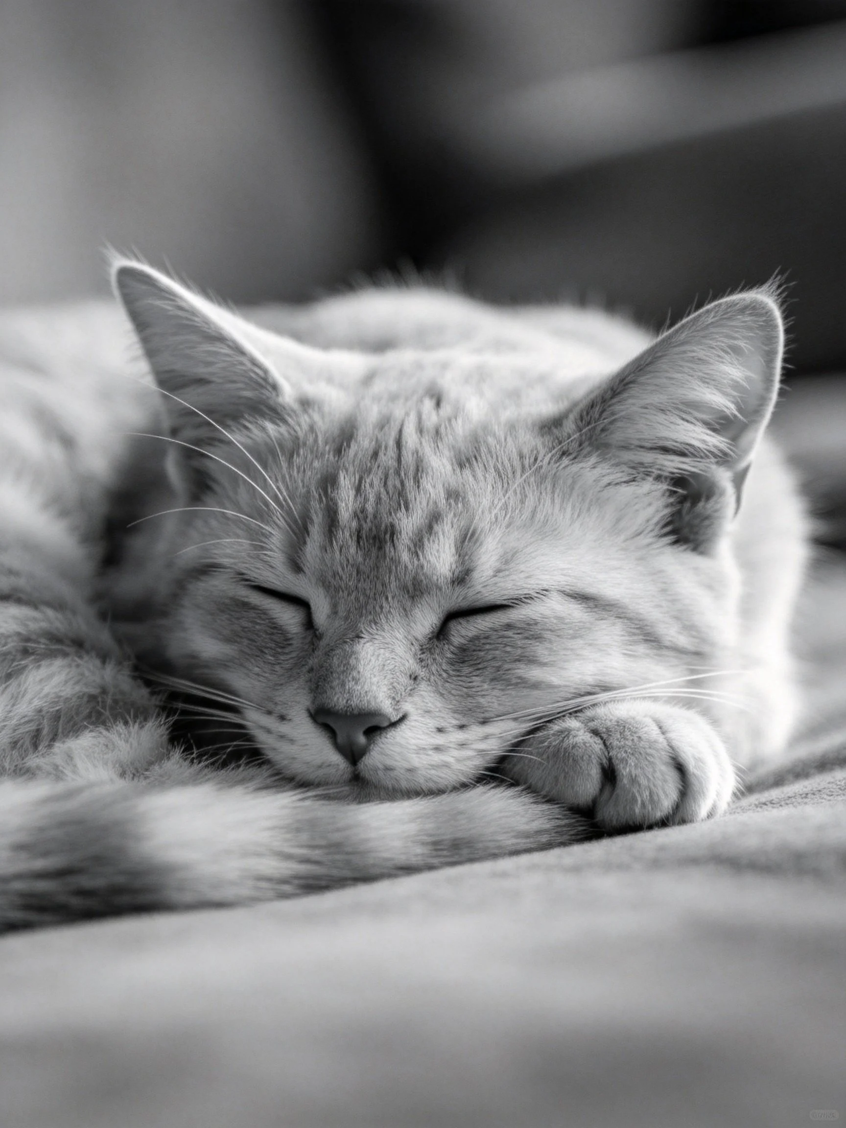 A serene black-and-white portrait of a sleeping tabby cat