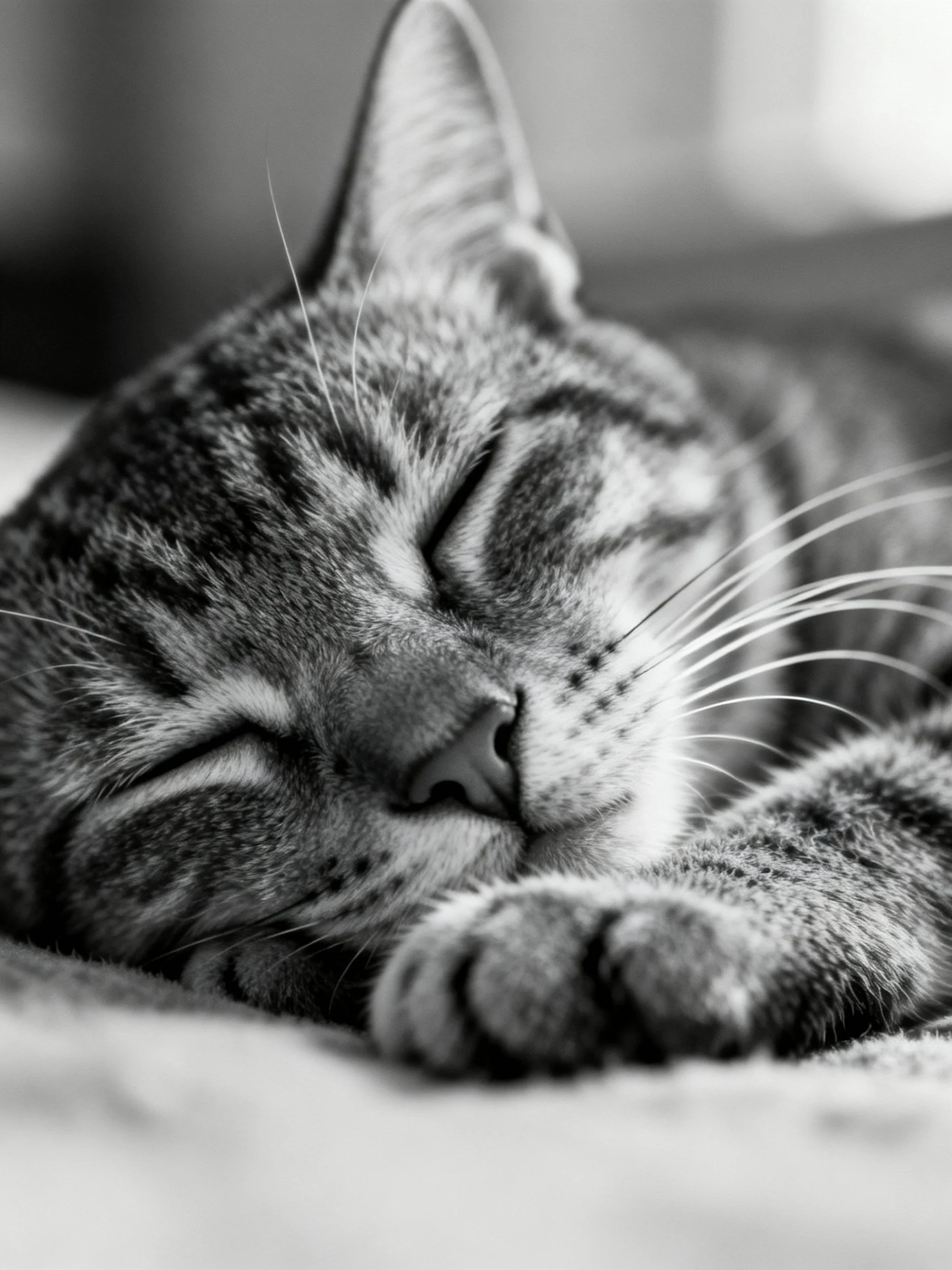 A serene black - and - white portrait of a tabby cat sleeping