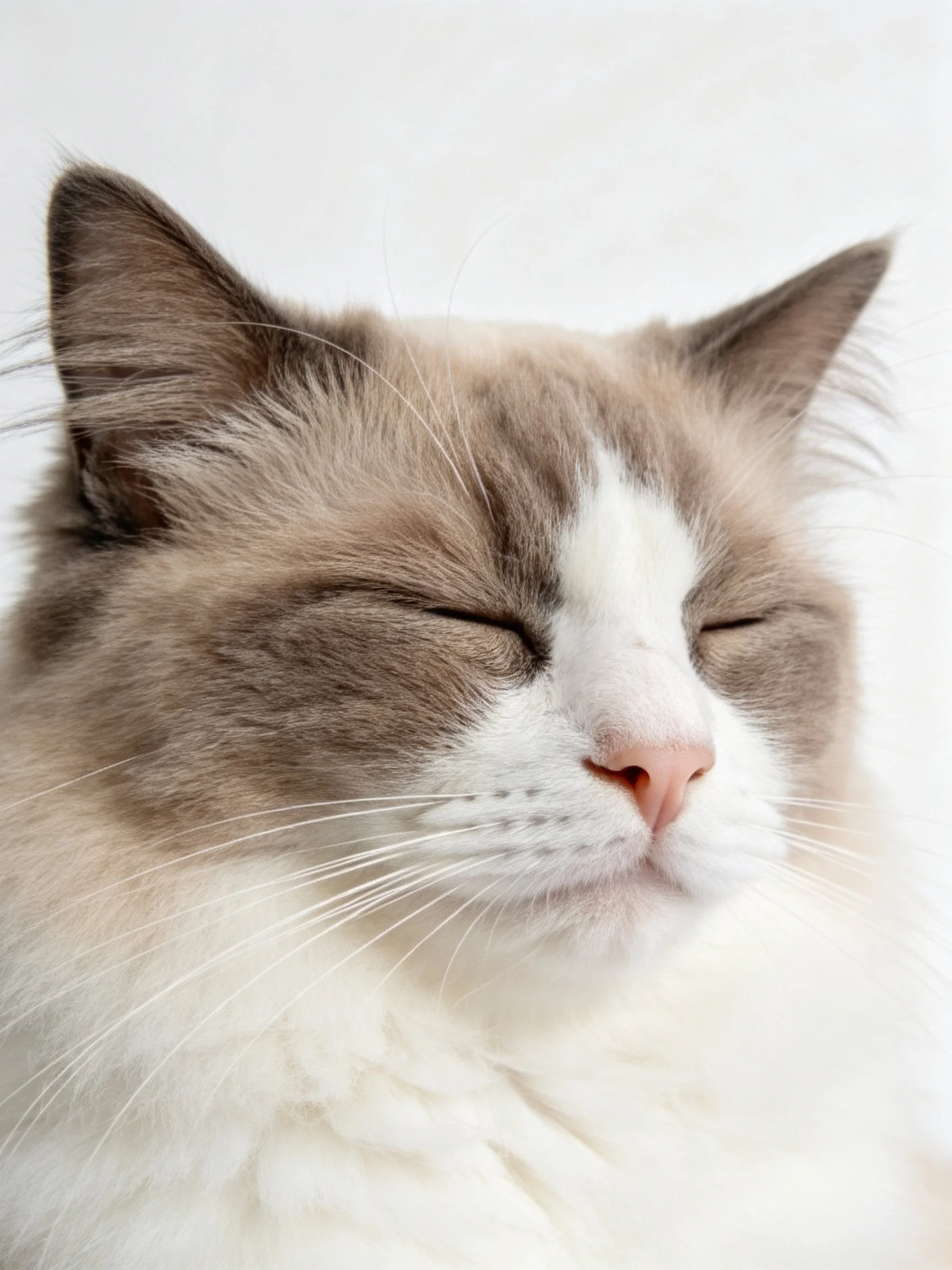 A brown and white cat rests peacefully with closed eyes