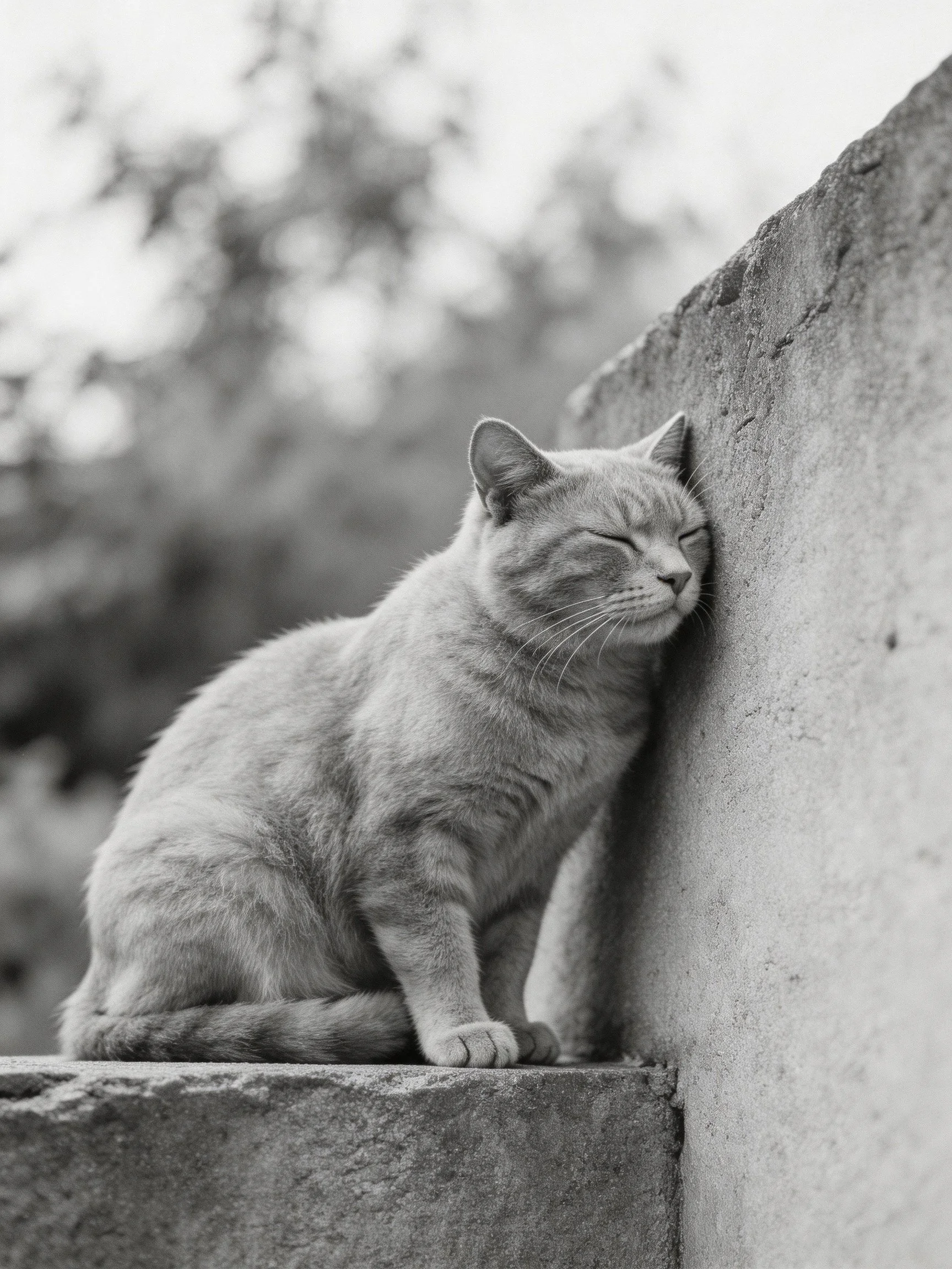 A serene cat naps against a weathered stone wall