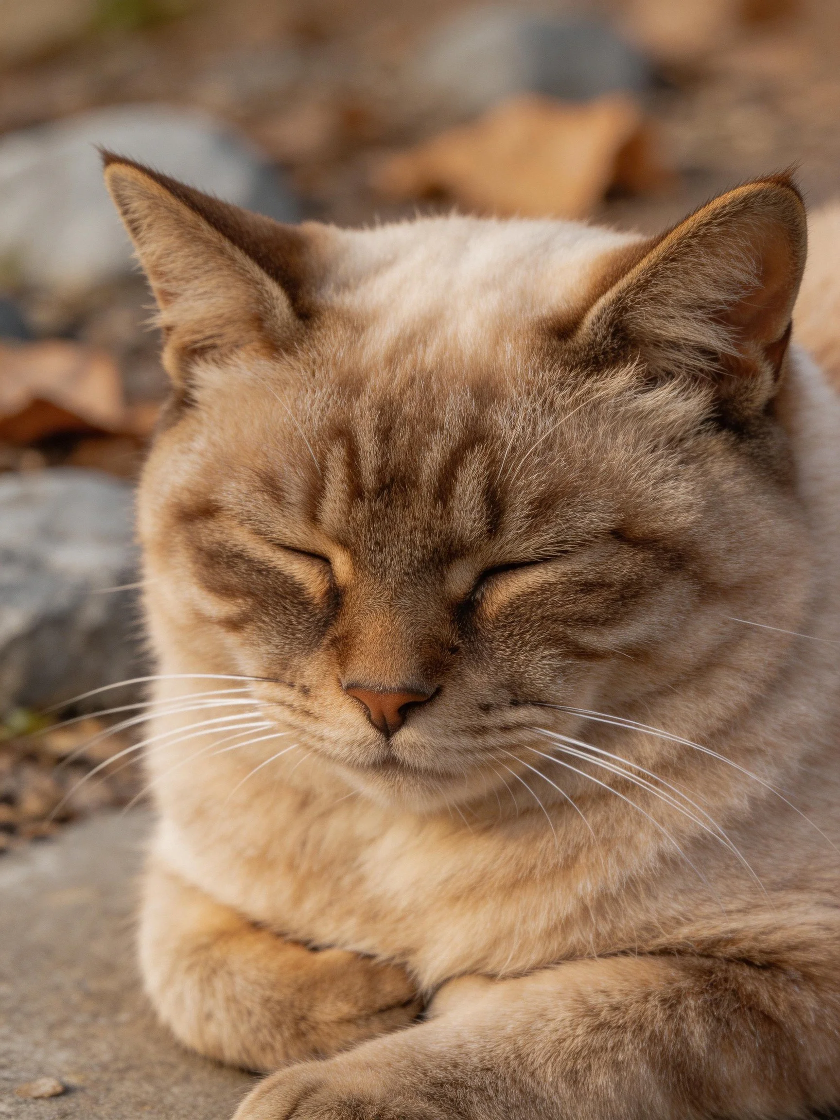A peaceful cat with closed eyes rests in an outdoor area.