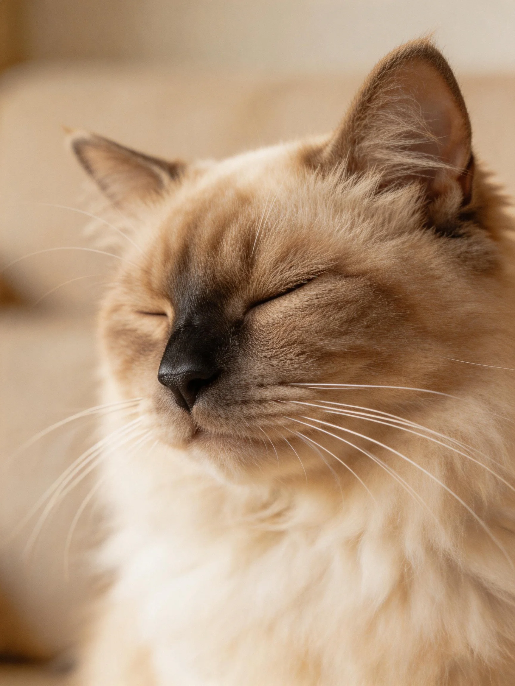 A serene cream - and - tan cat with closed eyes and plush fur