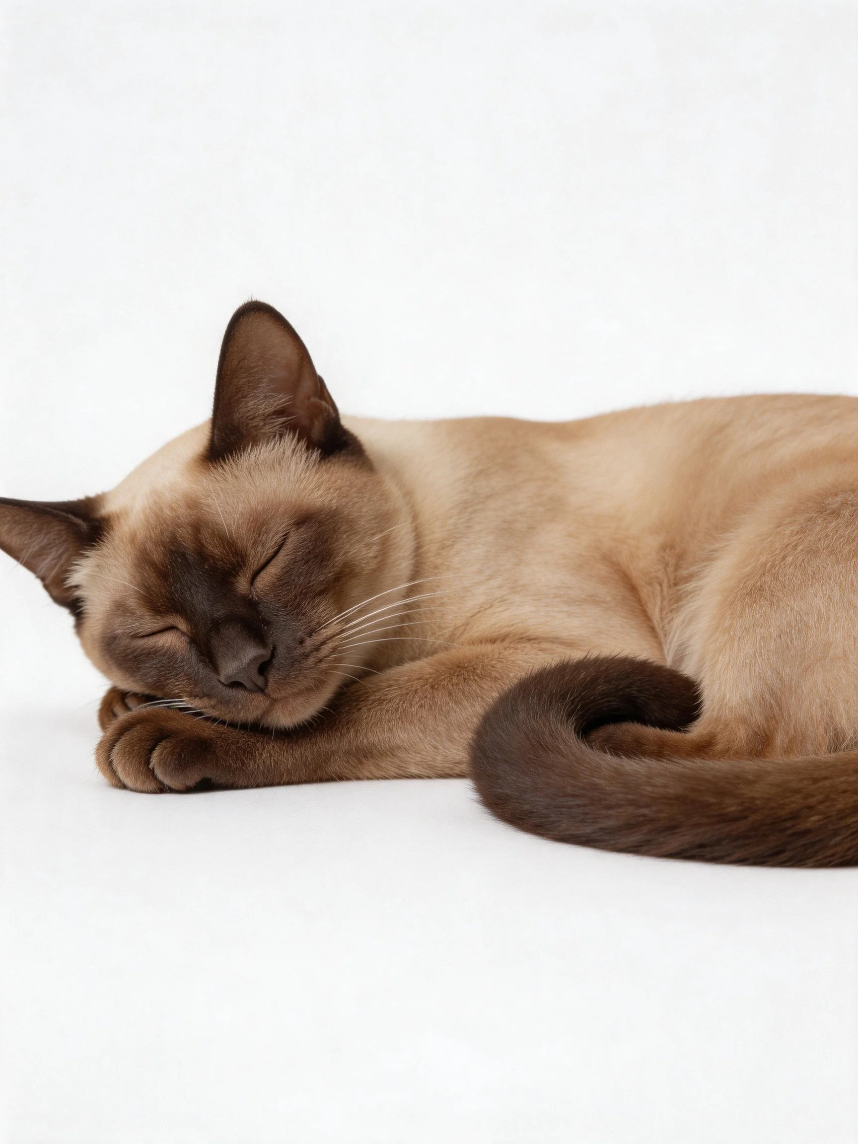 A cream-colored Siamese cat sleeps soundly with closed eyes