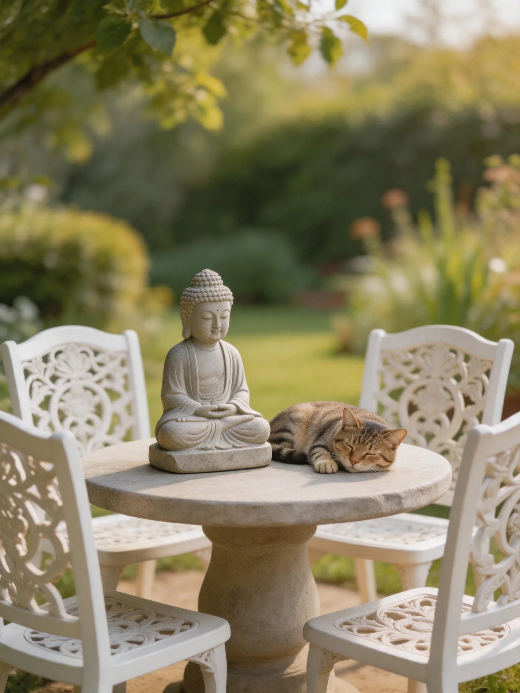 A serene garden scene with a stone table, Buddha statue, and napping tabby cat