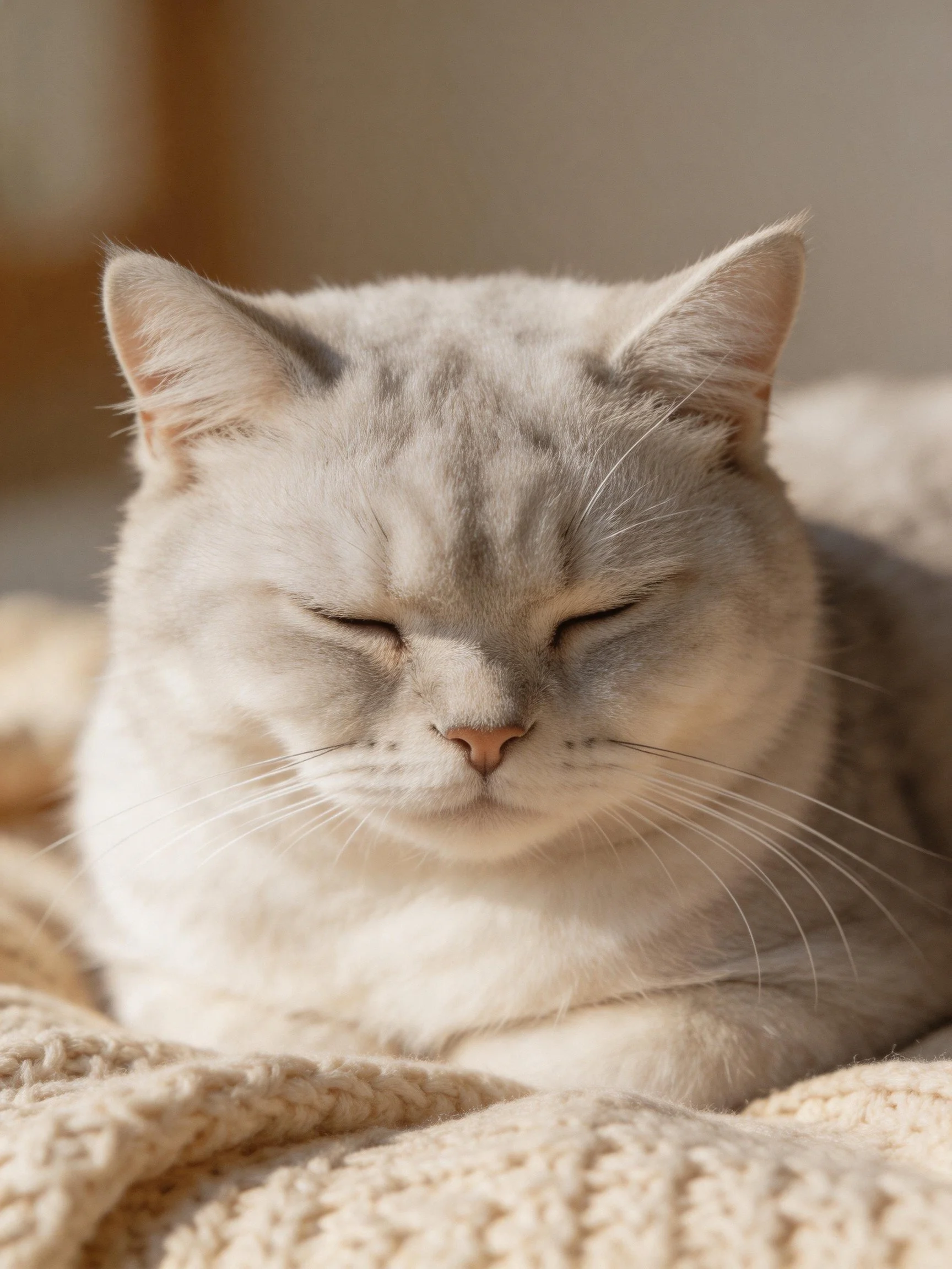 A serene gray cat resting on a cozy knitted blanket