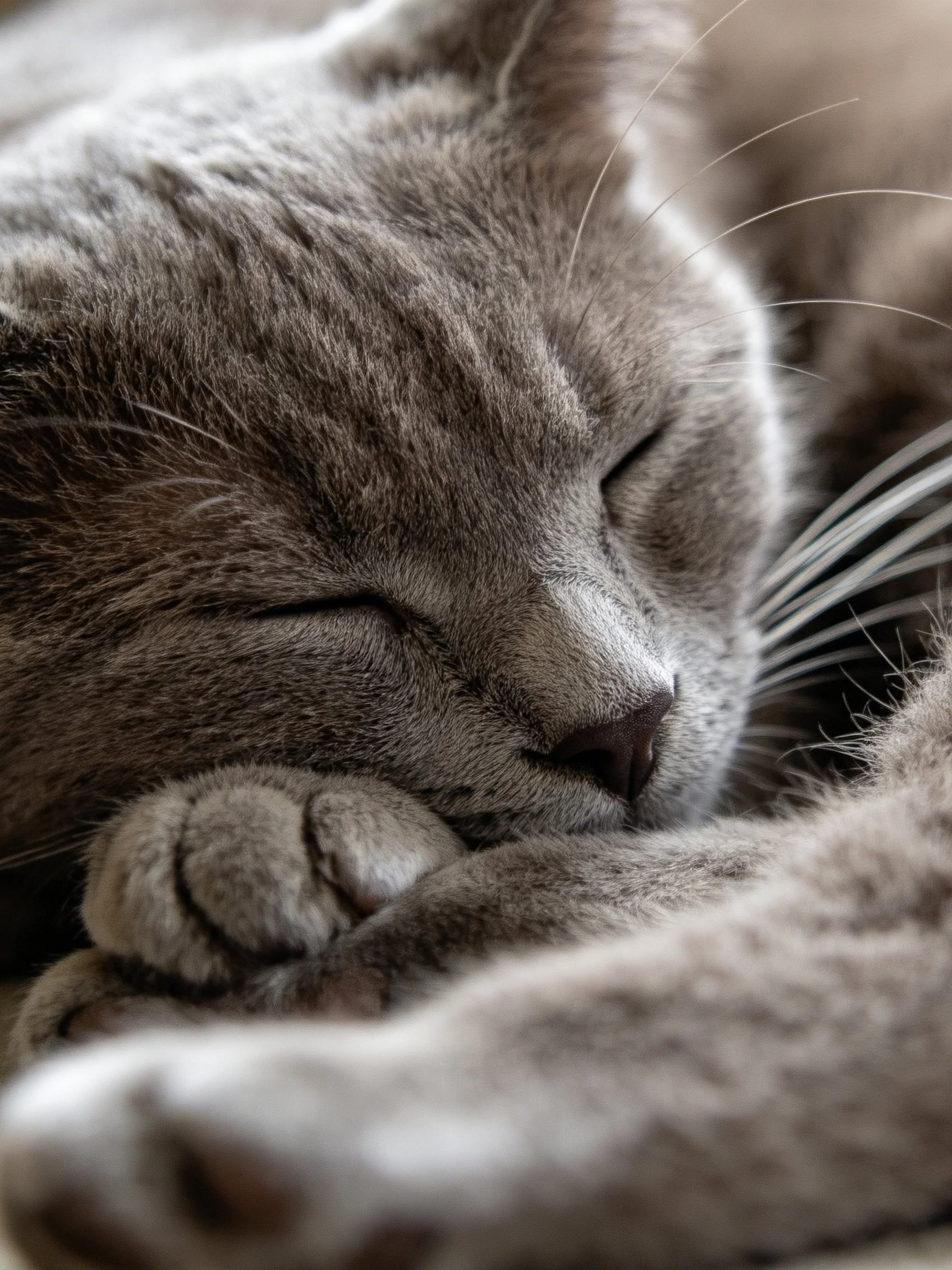 A gray cat sleeps soundly with closed eyes in a peaceful moment.