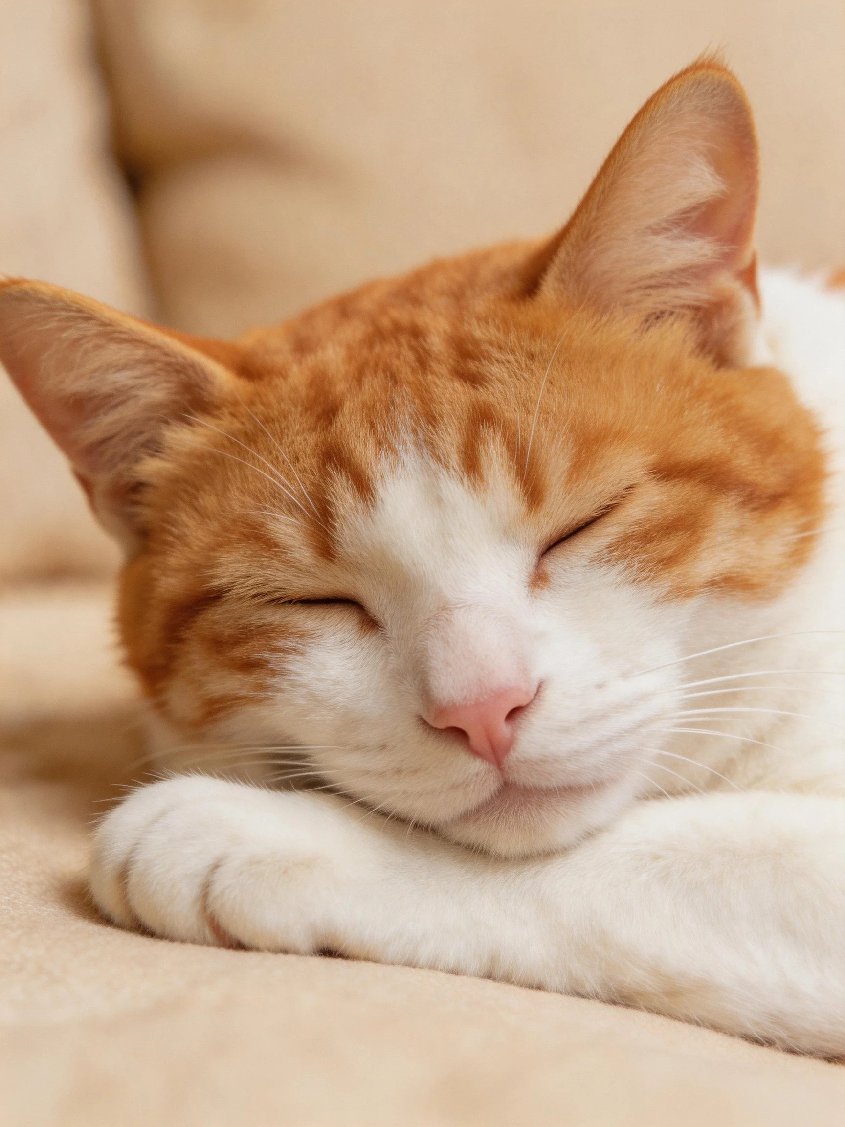 An orange and white cat rests soundly on a soft beige surface.