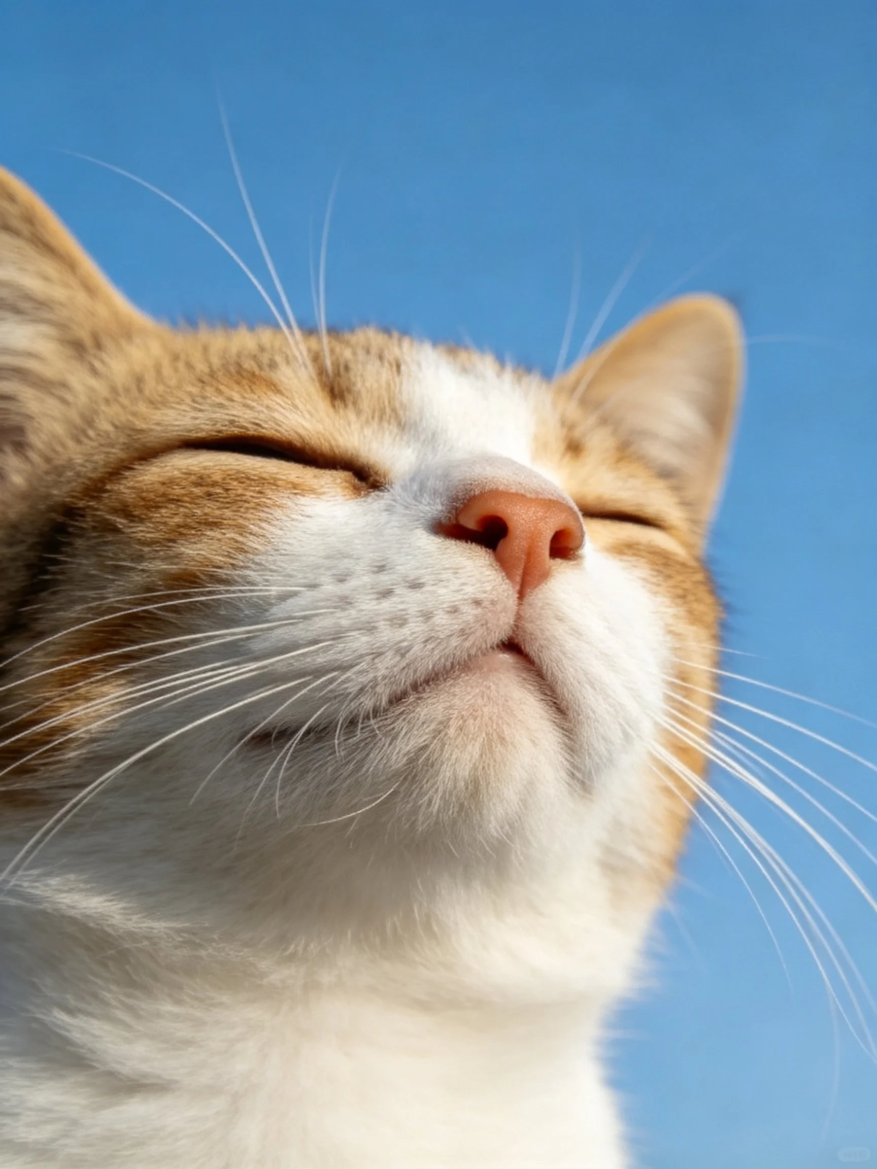 A serene orange and white cat with closed eyes rests peacefully against a bright blue sky.