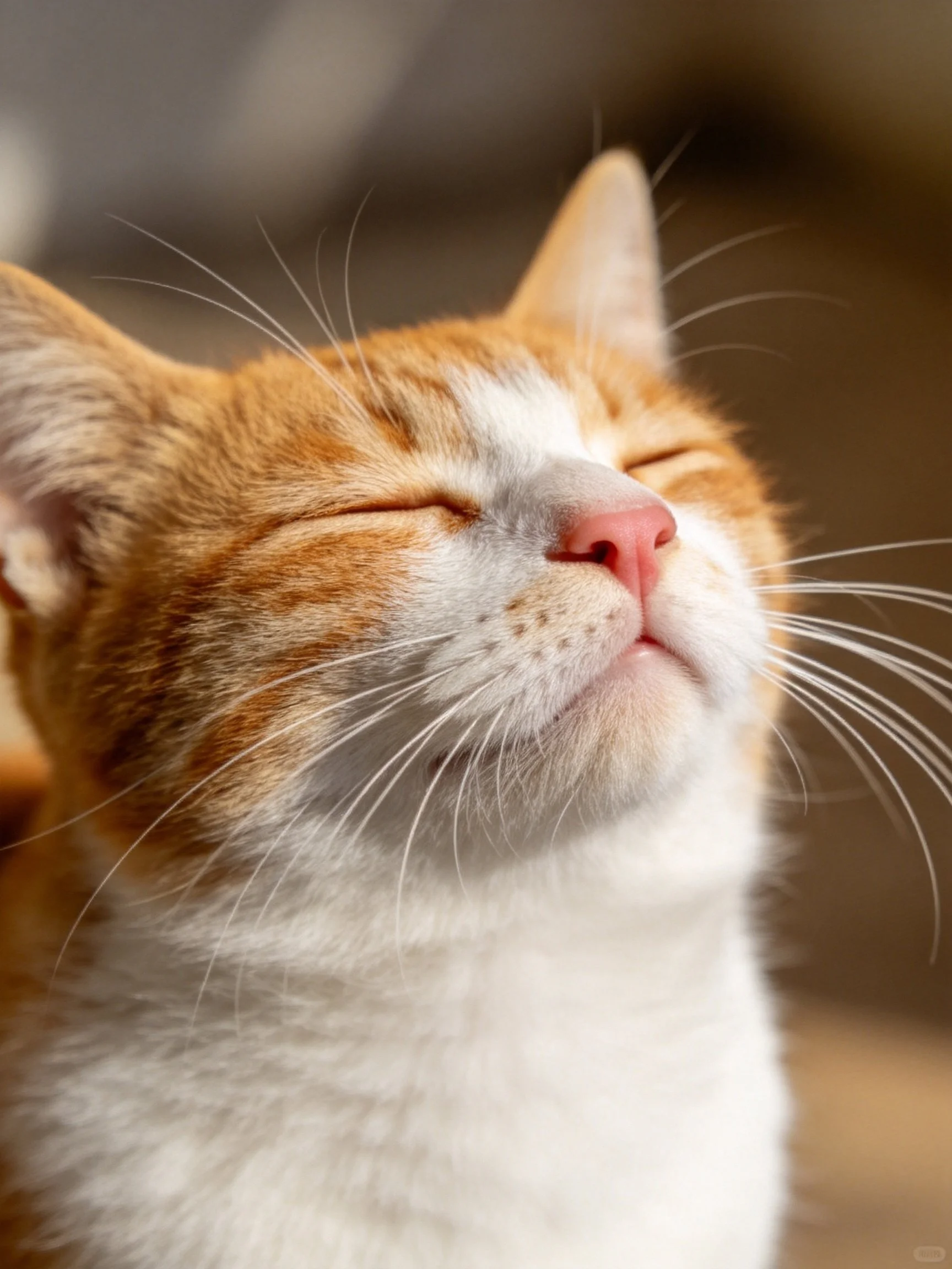 A serene orange and white cat rests with closed eyes.