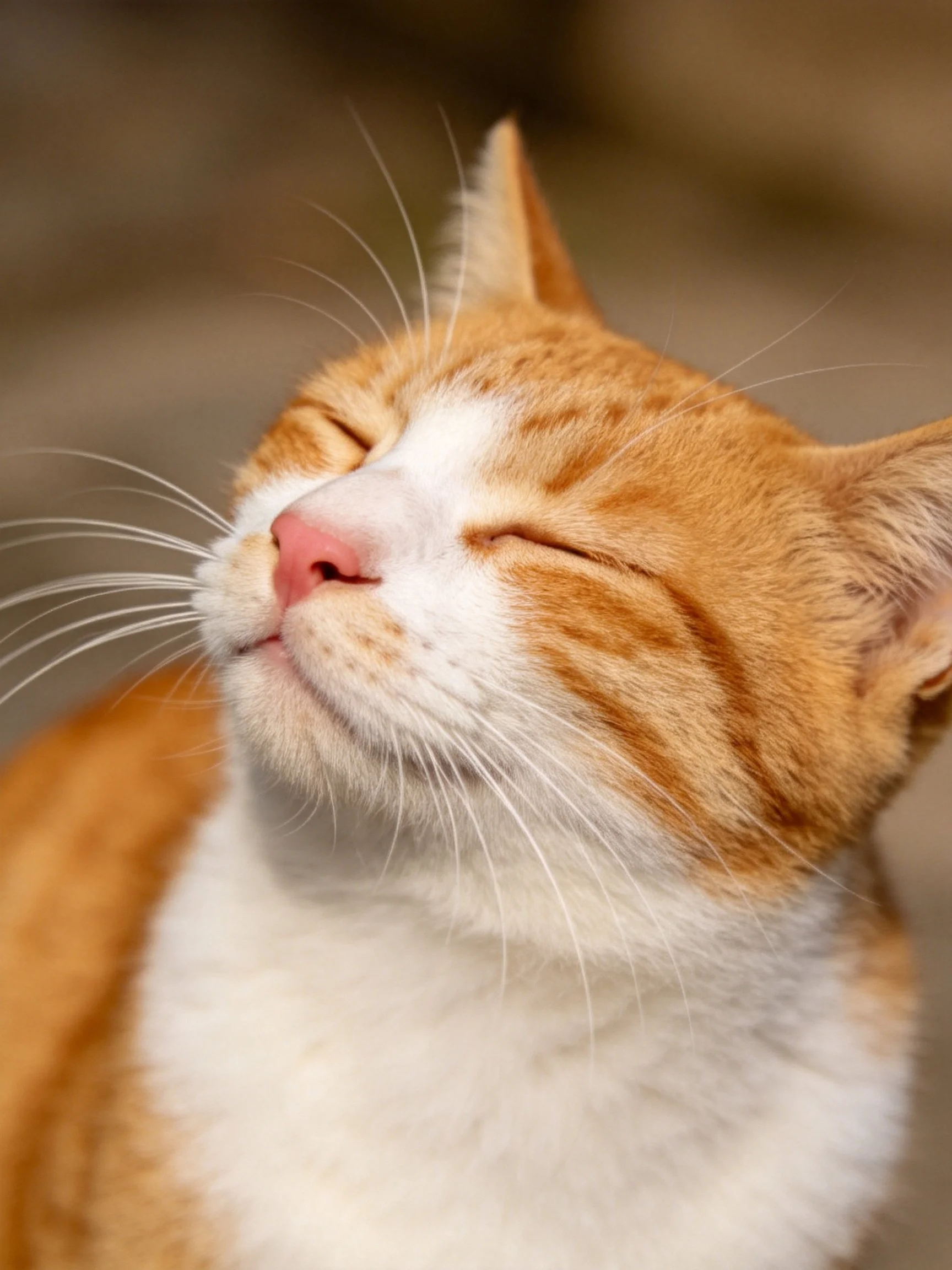 A serene orange and white cat relaxes with its eyes closed.