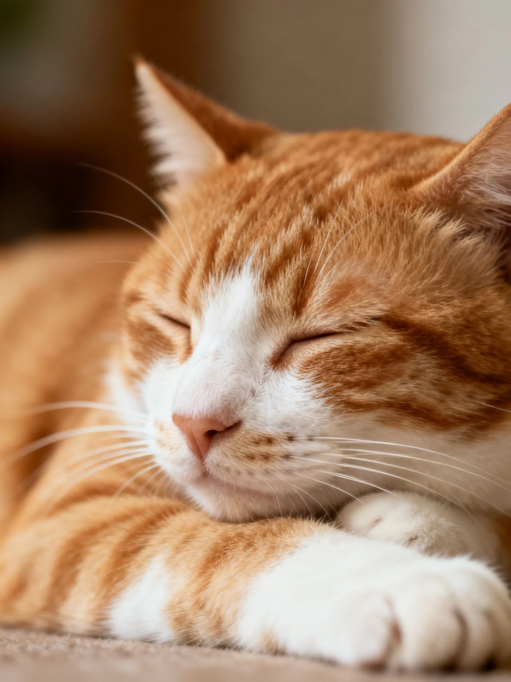 An orange and white tabby cat rests peacefully with closed eyes.