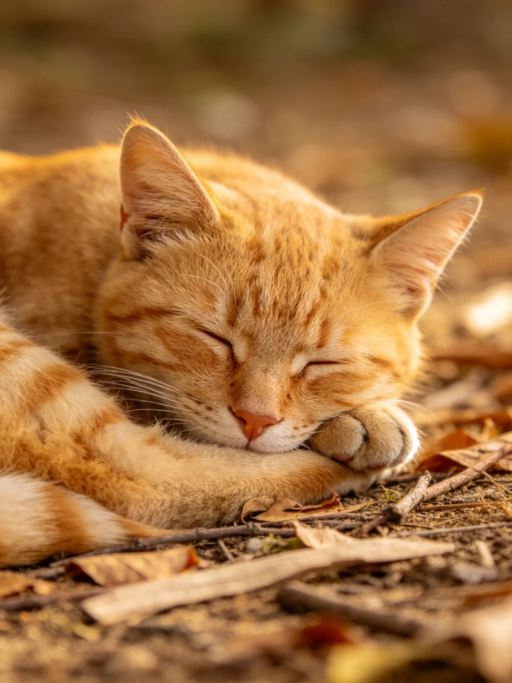 An orange tabby cat peacefully rests among scattered dry leaves under warm light.