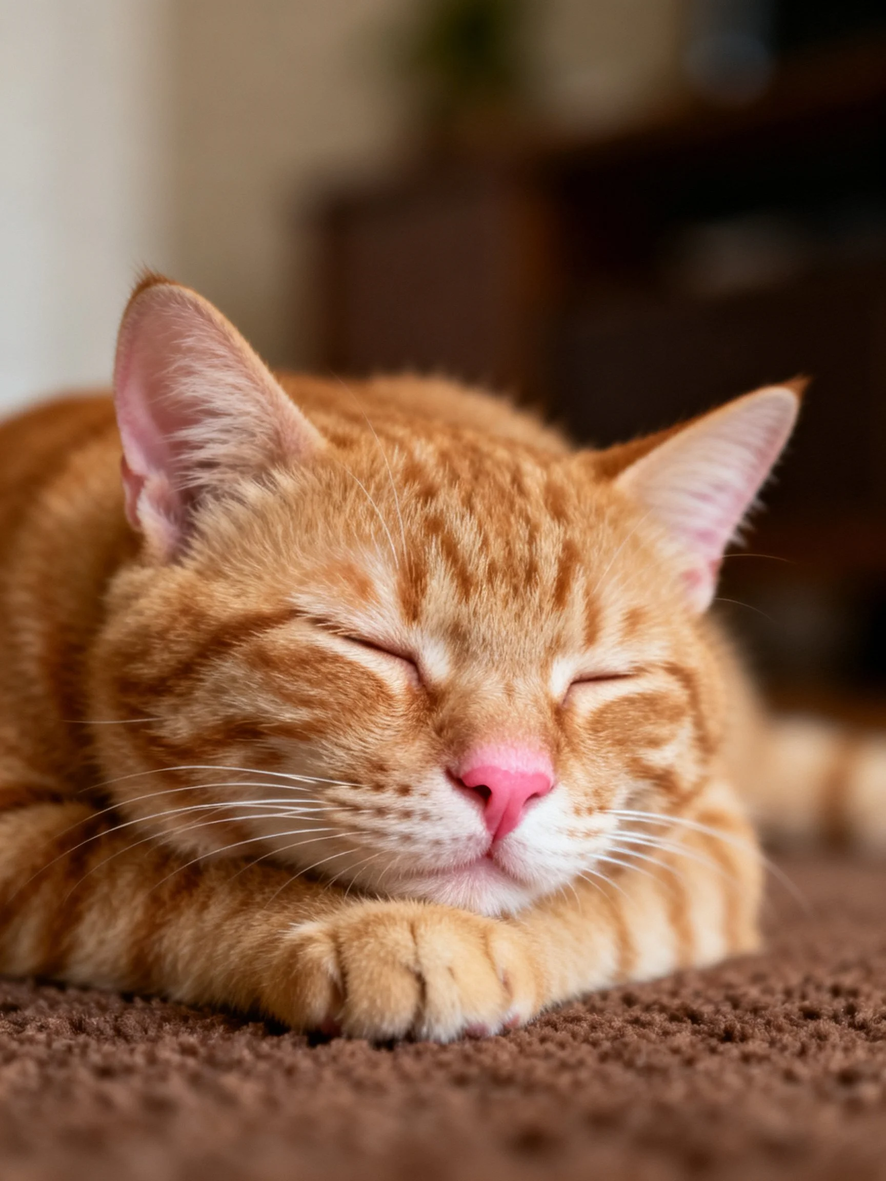 A serene orange tabby cat resting on a brown carpet