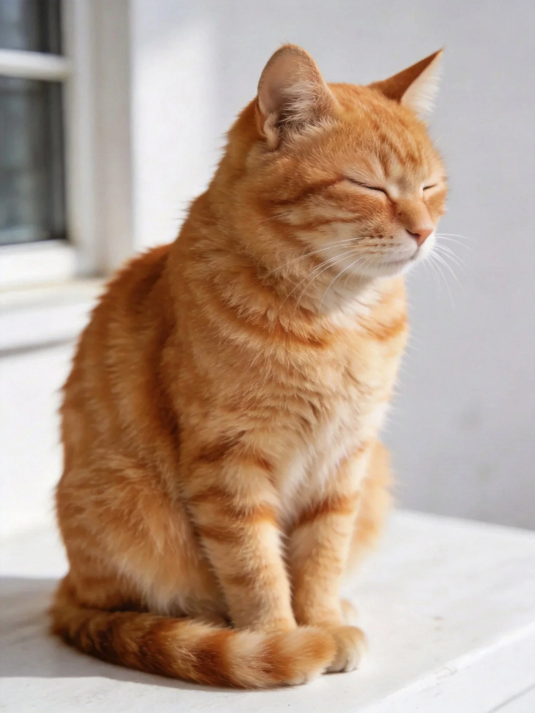 An orange tabby cat sits calmly with eyes shut beside a window.