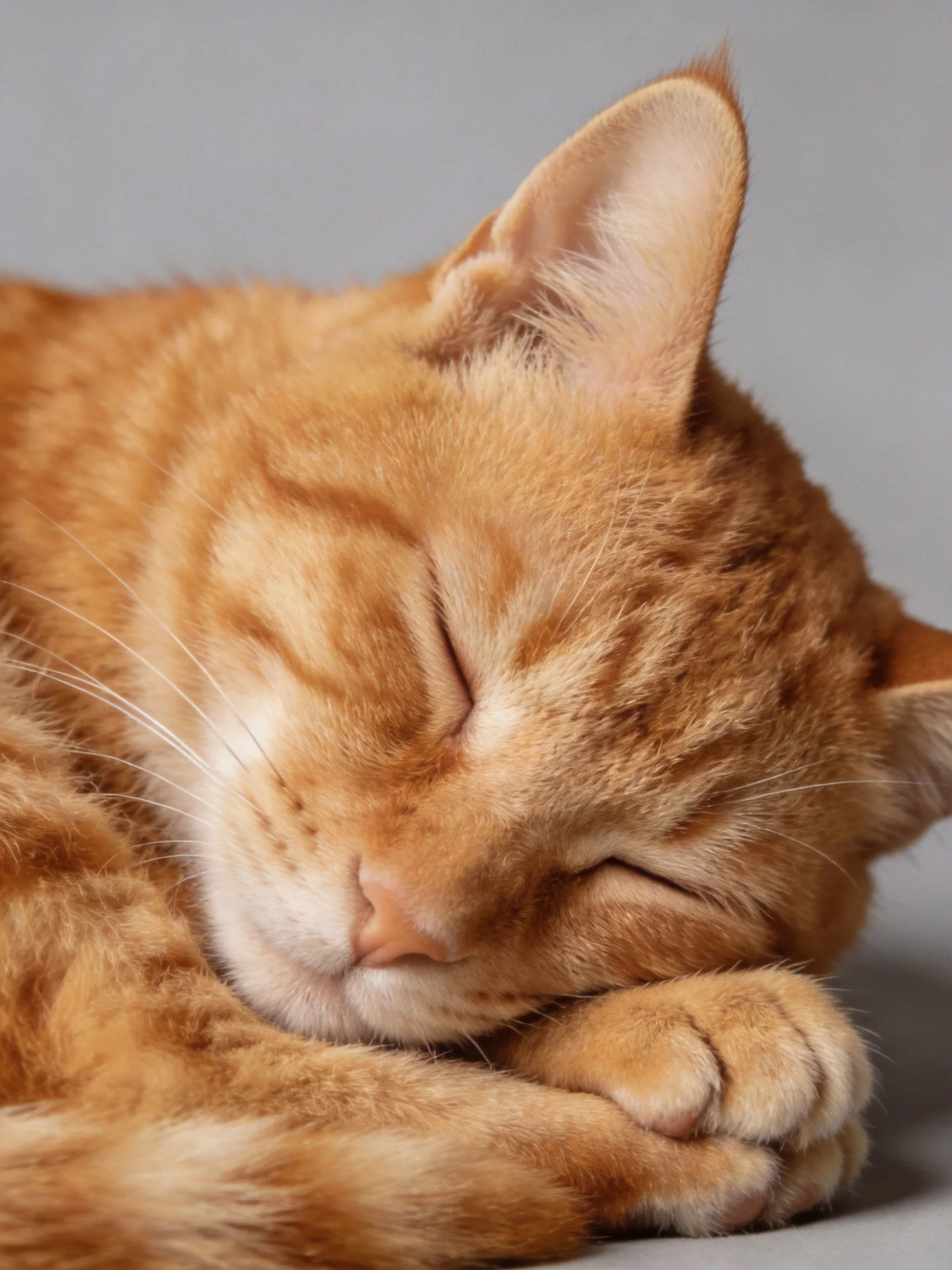 An orange tabby cat rests soundly with closed eyes.