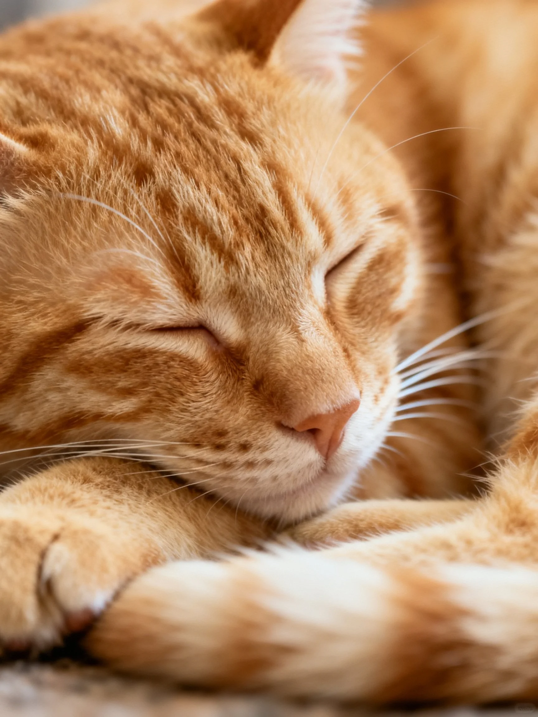 An orange tabby cat sleeps peacefully with closed eyes in a close - up.
