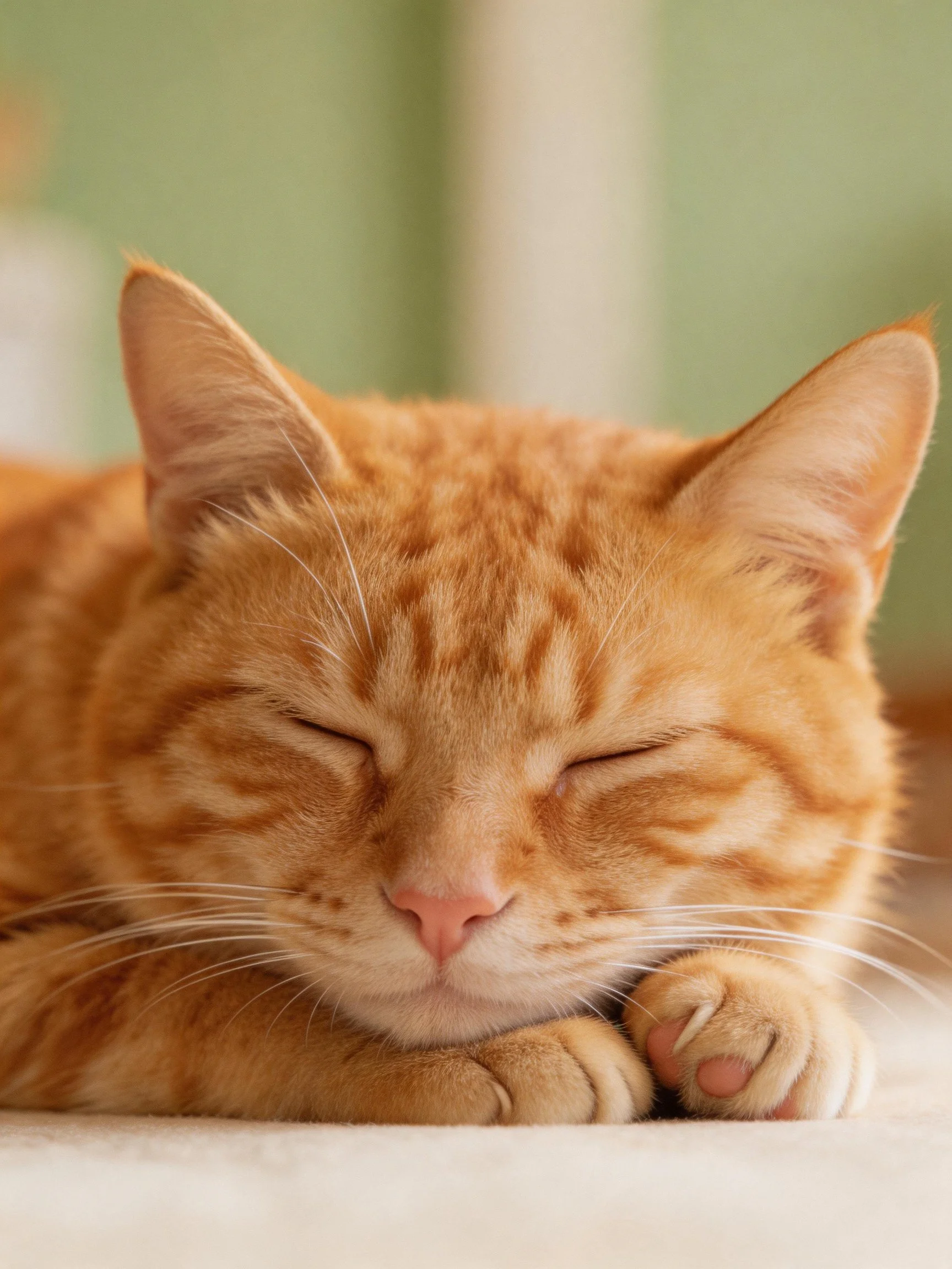An orange tabby cat rests calmly with eyes shut in a cozy environment.