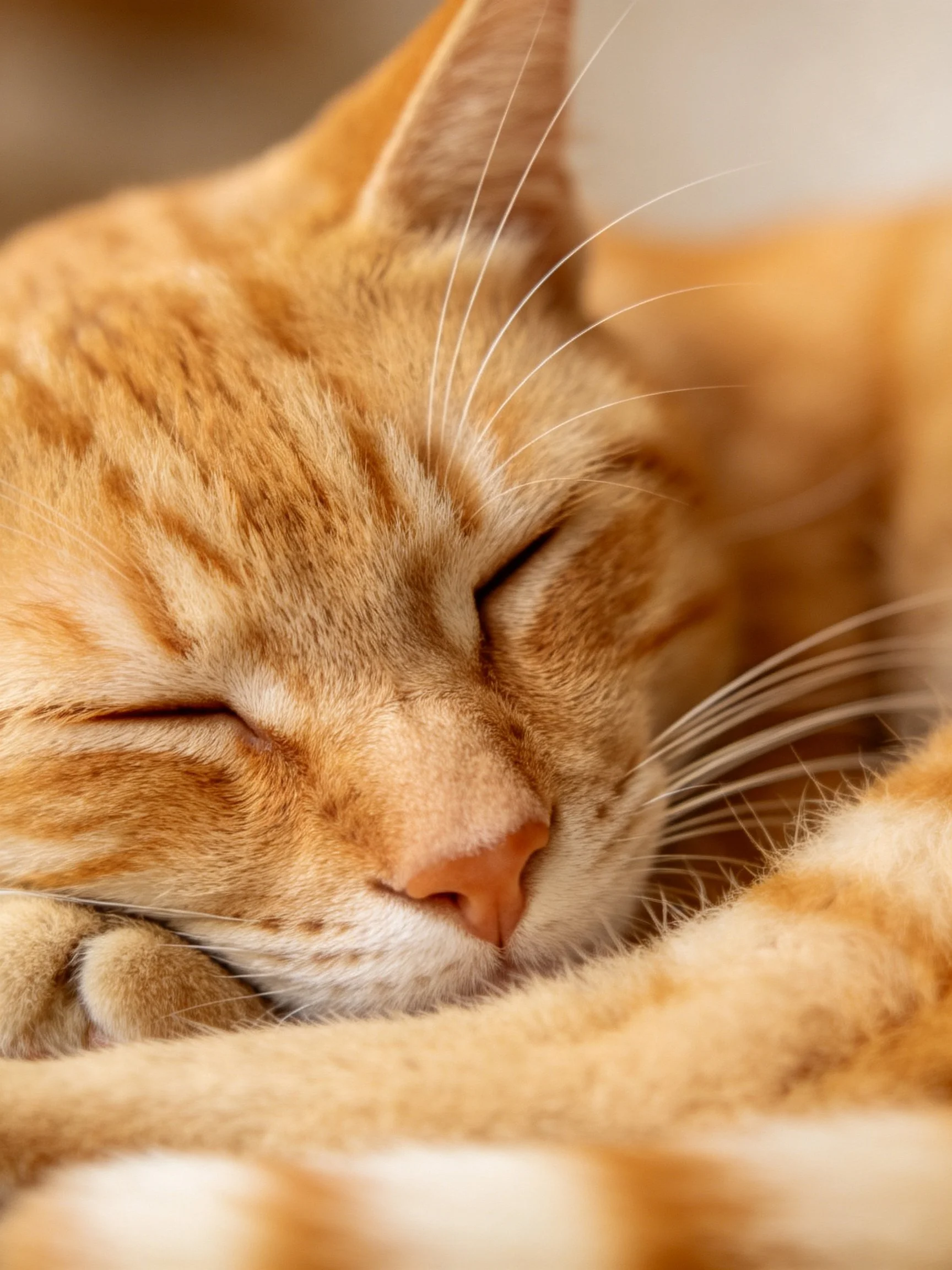 An orange tabby cat sleeps peacefully with closed eyes.