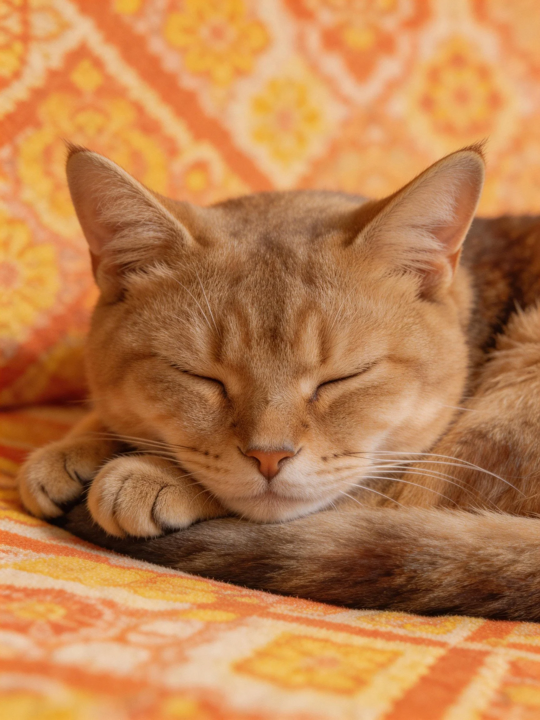 An orange tabby cat rests peacefully on a colorful fabric with floral designs.